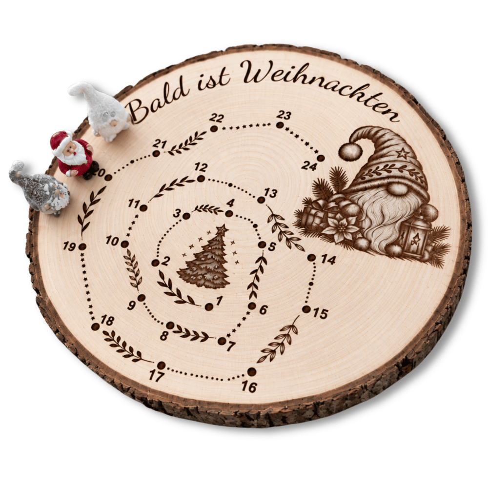 Adventskalender aus Holz mit gravierter Baumscheibe aus Erle und drei wählbaren Weihnachtsfiguren