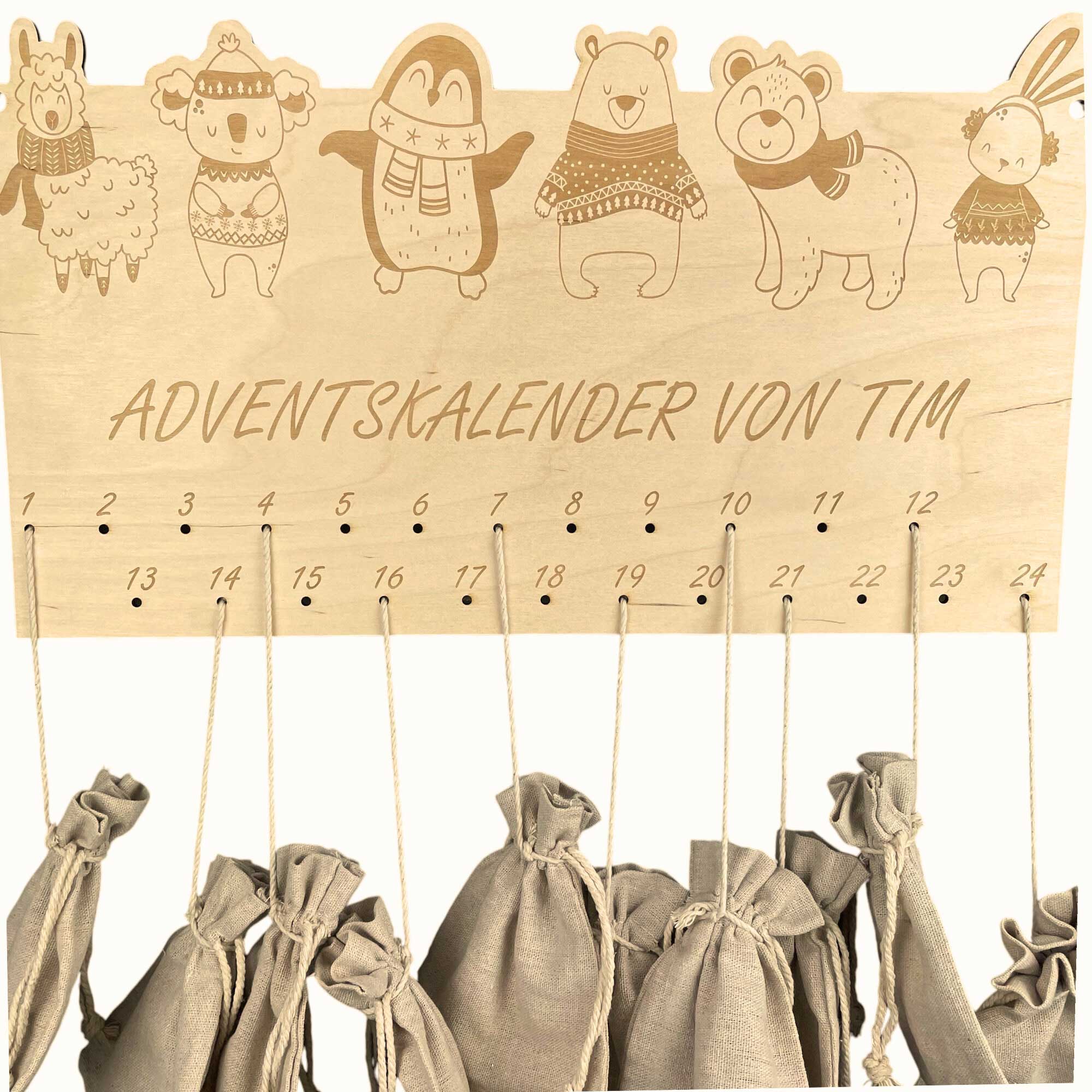 Personalisierter Adventskalender aus Holz mit Wintertier-Motiven, 24 Löchern und Jutesäckchen – Adventskalender Kinder DIY