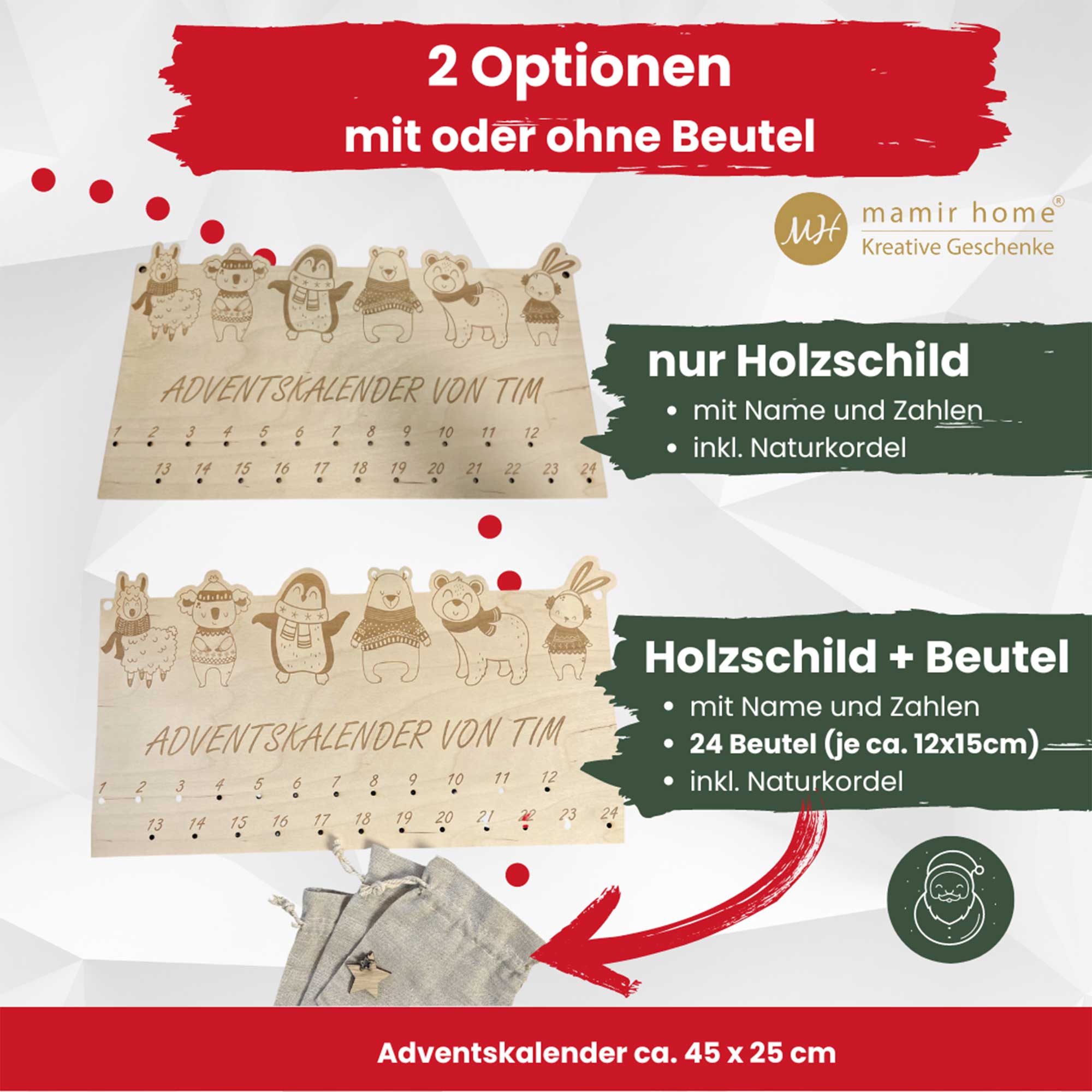 Infobild: Adventskalender Holz mit oder ohne 24 Jutesäckchen – personalisierter DIY Adventskalender Kinder