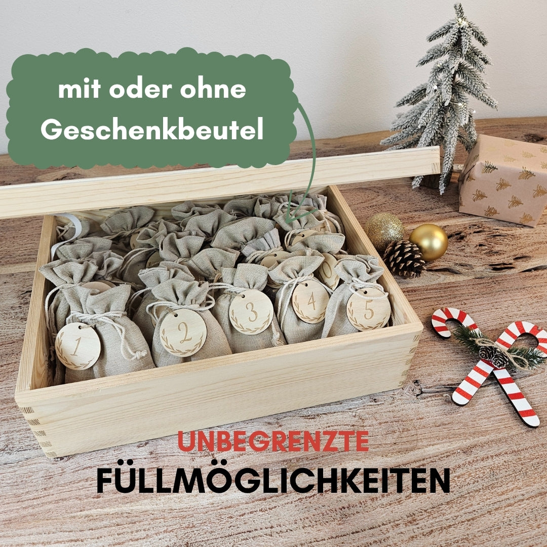 Holz Adventskalender mit 24 Jutesäckchen und Holzzahlen, personalisierte Box zum Befüllen