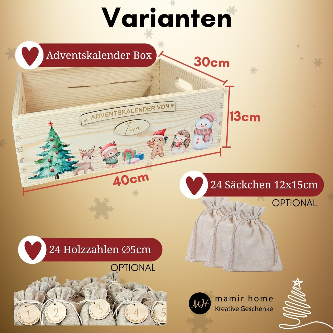 Varianten des personalisierten Adventskalenders: Holzbox, 24 Saeckchen und Holzzahlen zum Befuellen, ideal fuer Kinder.