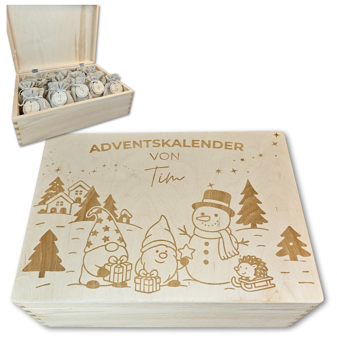 Personalisierter Adventskalender mit Name und Gravur aus Holz, nachhaltiger Weihnachtskalender