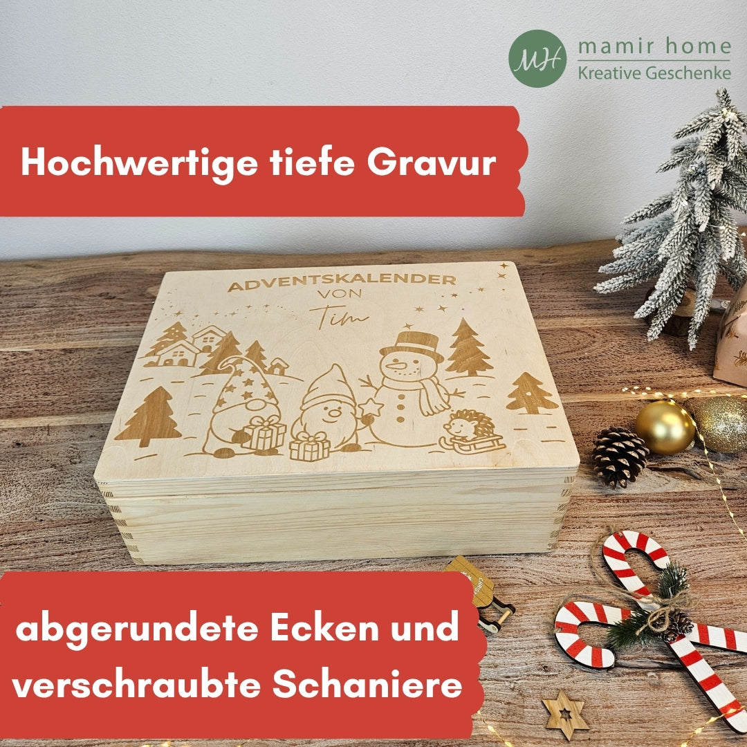 Personalisierter Adventskalender aus Holz, handgemacht mit Namen und winterlicher Gravur