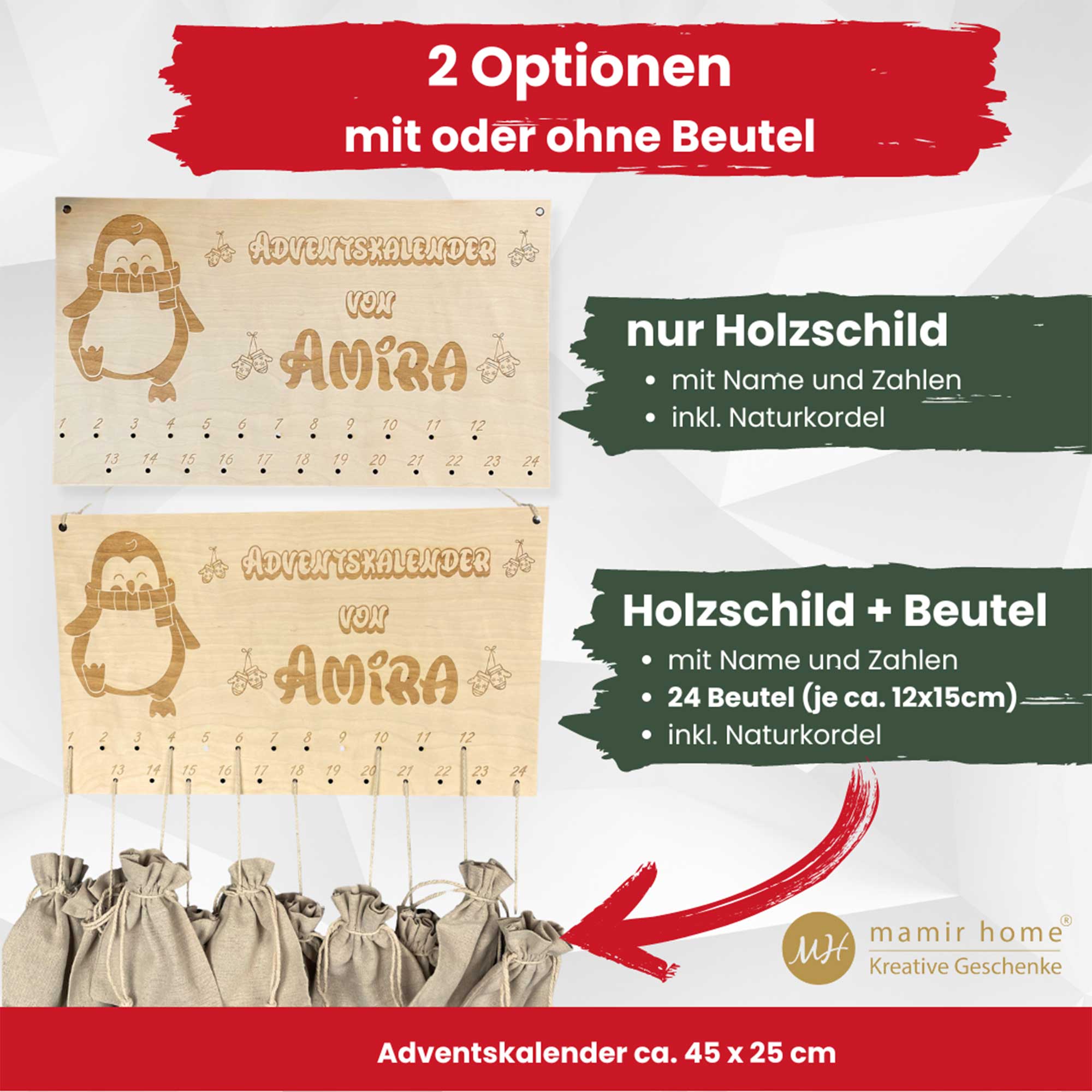Infobild Adventskalender Pinguin aus Holz, wahlweise mit oder ohne Jutesäckchen