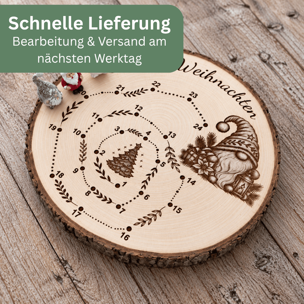 Adventskalender Wiederverwendbar aus natürlichem Holz mit Wichtel und Weihnachtsmann, Versand durch mamir home