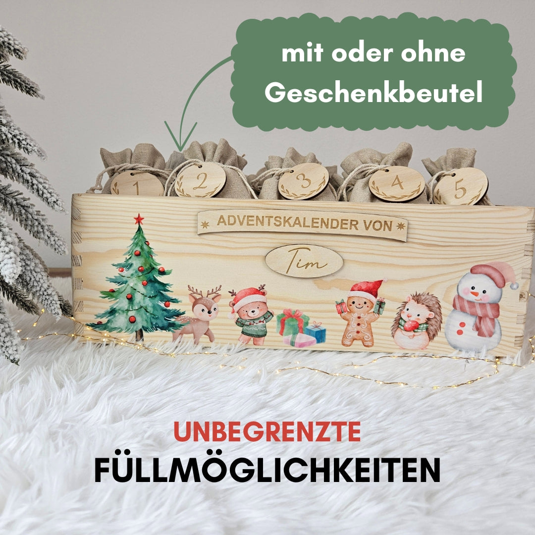 Adventskiste aus Holz mit optionalen Geschenkbeuteln, personalisierbar mit Namen fuer Kinder und Familien.