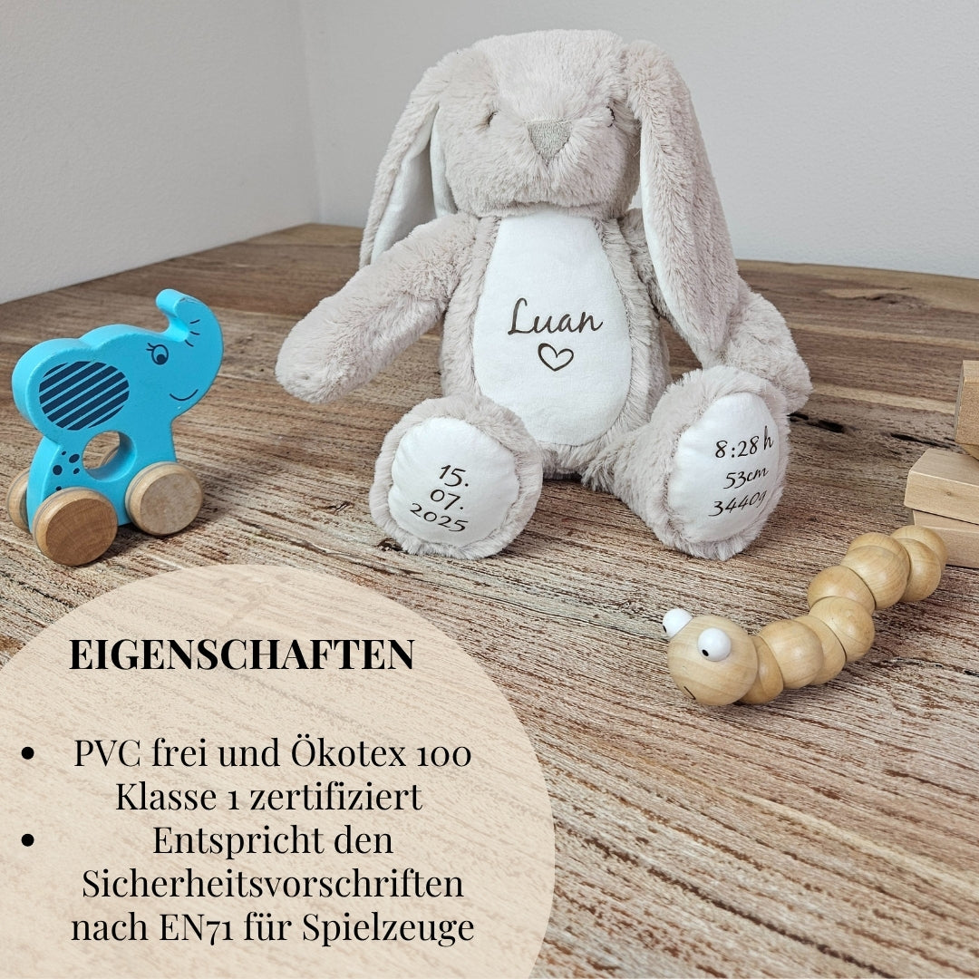 Baby Kuscheltier mit Namen und Geburtsdaten – sicher, Ökotex zertifiziert und EN71 geprüft