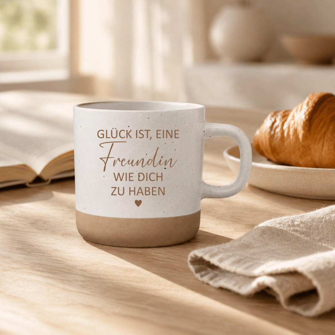 Geschenk für Freundin – Steingut Tasse „Glück ist, eine Freundin wie dich zu haben“