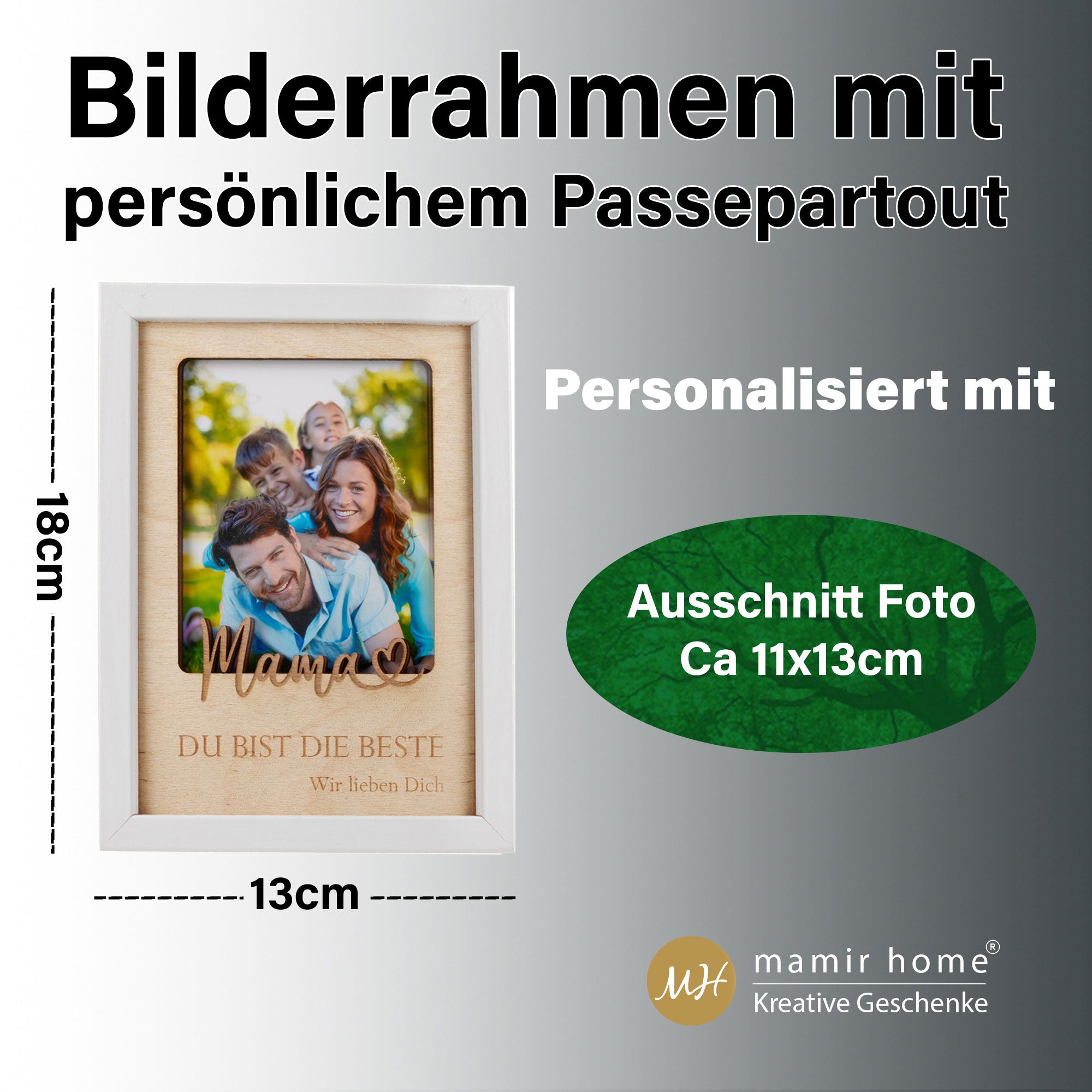 Rückansicht des Bilderrahmens für Mama mit Fotoausschnitt 11x13 cm