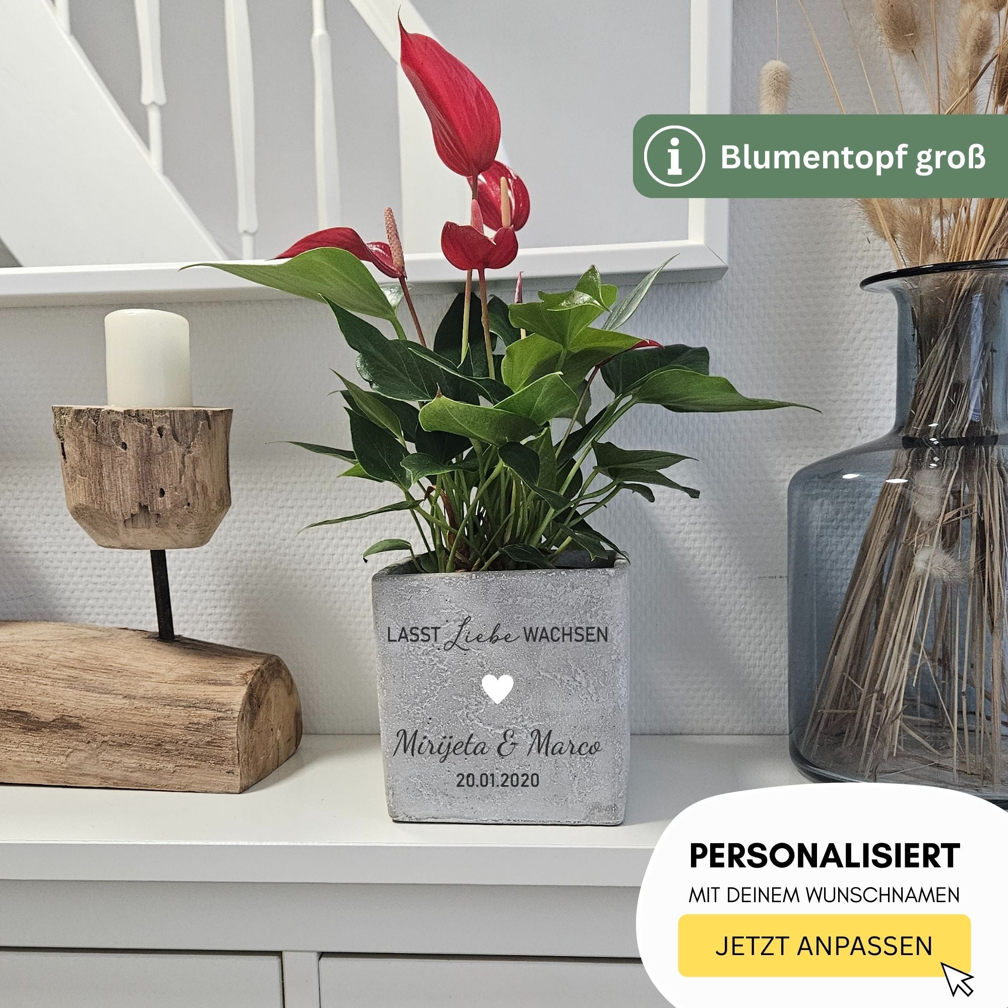 Geschenk zur Hochzeit – Blumentopf mit Gravur „Lasst Liebe wachsen“ | Hochzeitsgeschenk personalisiert aus Beton