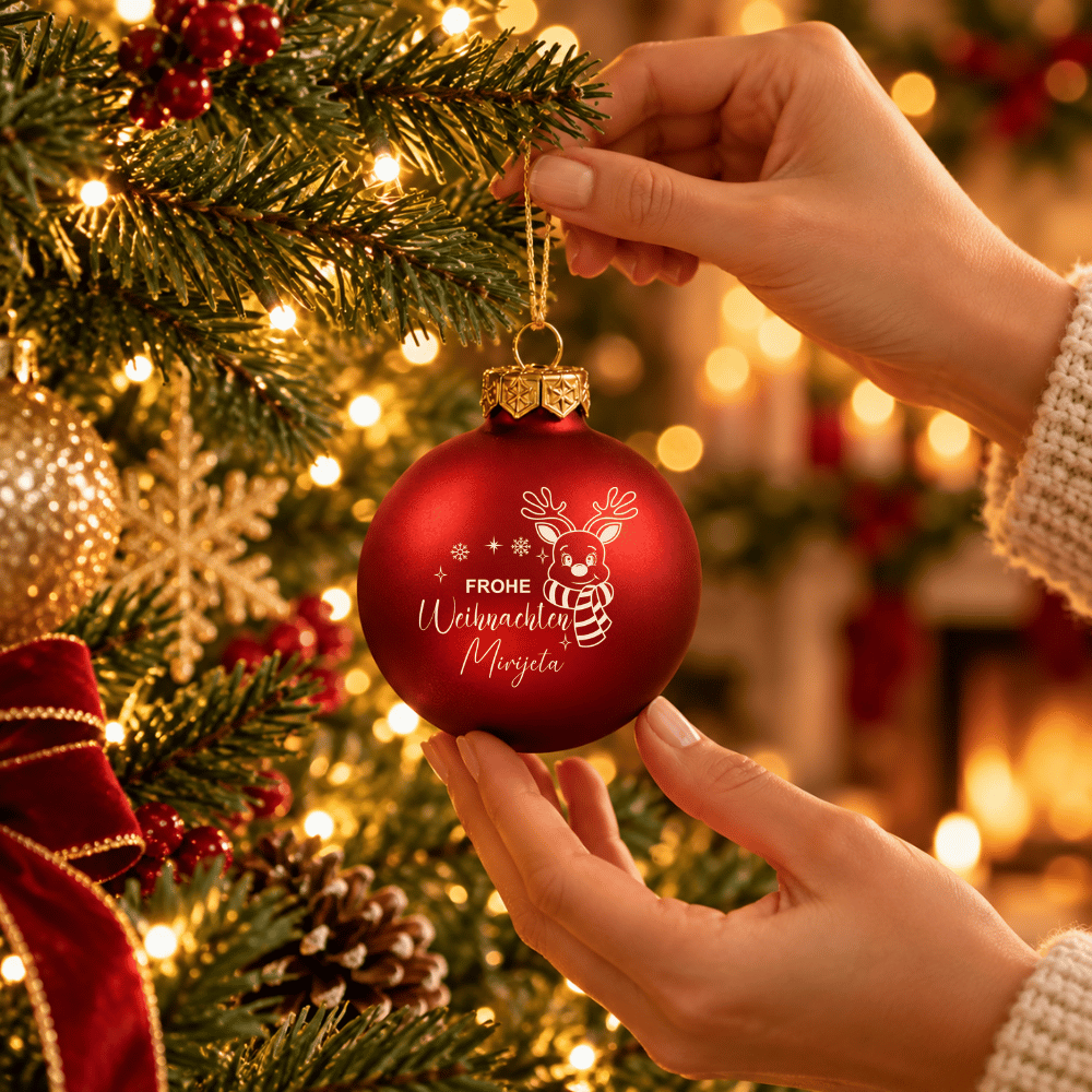 Weihnachtskugel personalisiert mit Namen – Rentier aus Glas 8cm