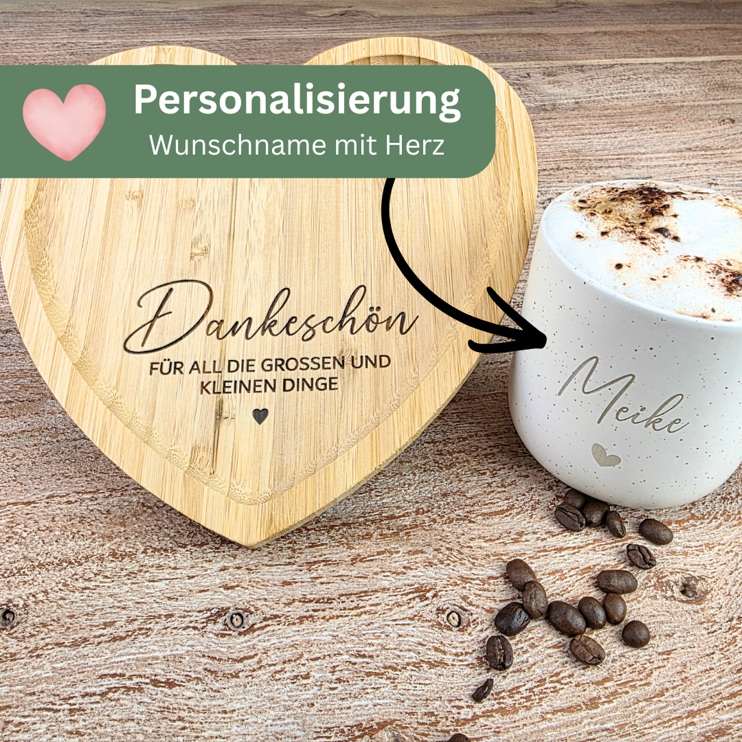 Dankeschön Geschenk mit Tasse & Herz-Tablett personalisiert