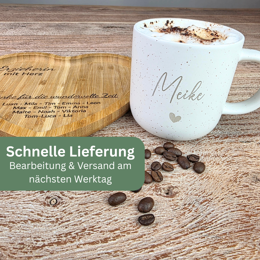 Abschiedsgeschenk Erzieherin mit Kindernamen – Personalisierte Tasse & Herz-Tablett | Geschenk Erzieherin Abschied