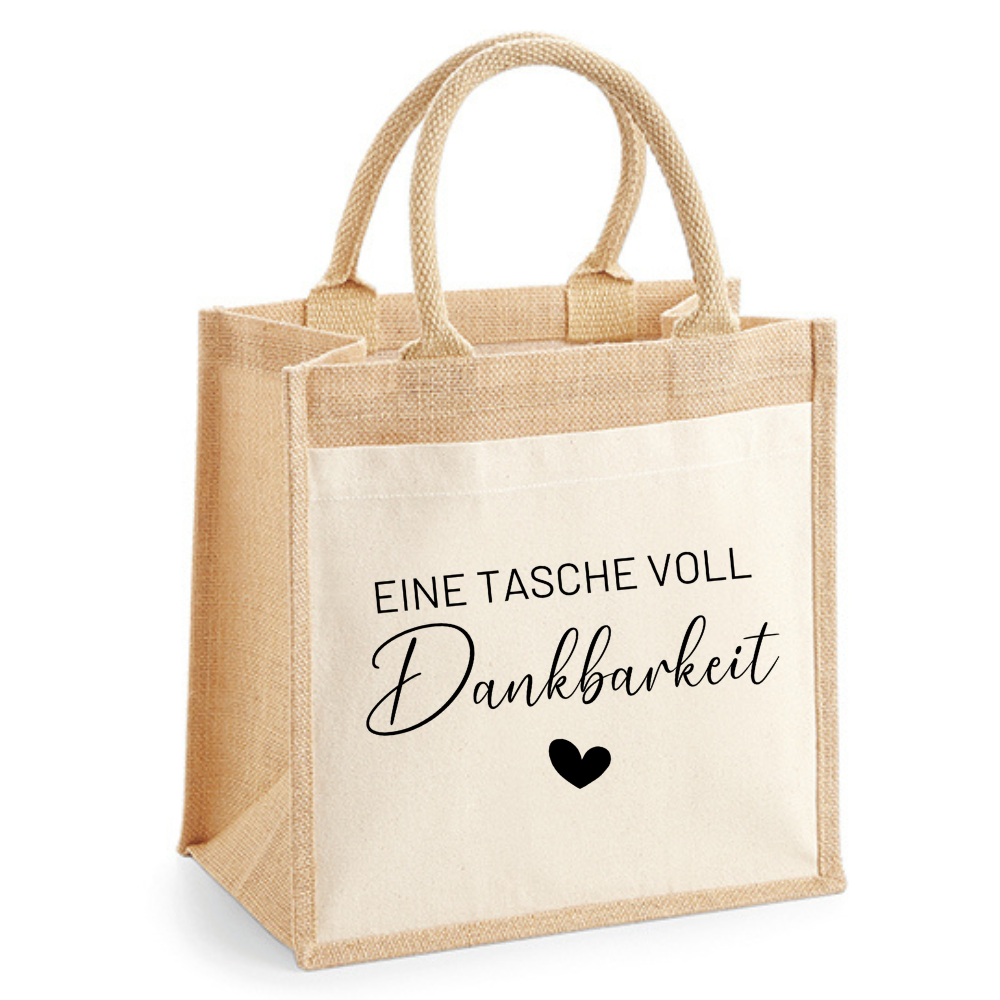 Jutetasche mit Blumenstrauß und Aufdruck Eine Tasche voll Dankbarkeit, Geschenkidee zum Kindergartenabschied oder als kleines Dankeschön.