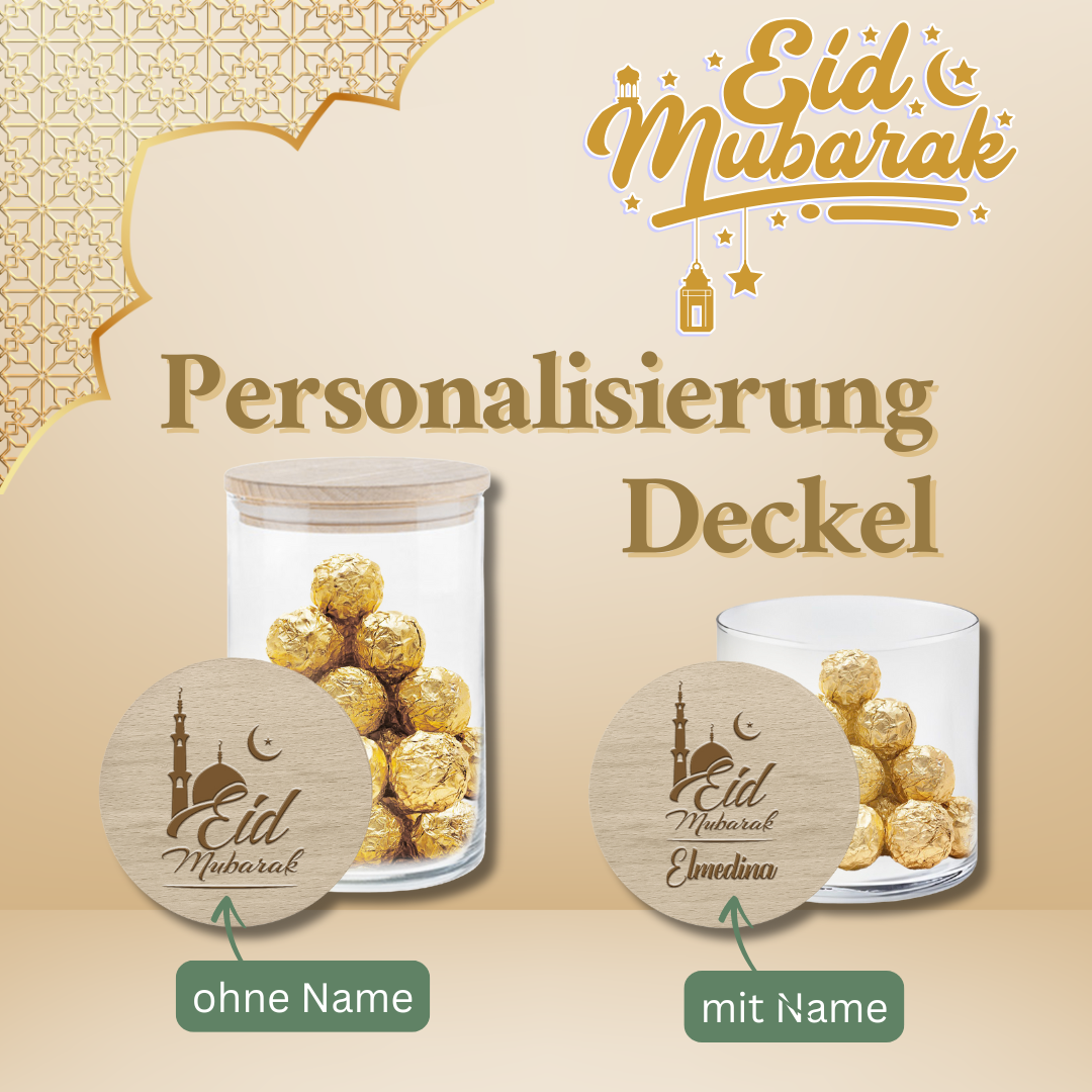 Infobild: Lieferumfang des personalisierten Eid Mubarak Geschenkglases