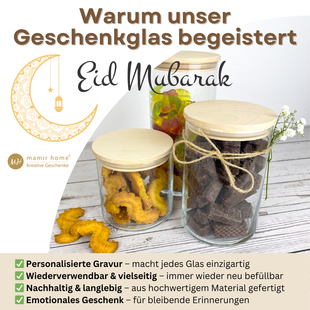 Geschenkglas zu Eid Mubarak mit Geldscheinen und Geschenkkarte