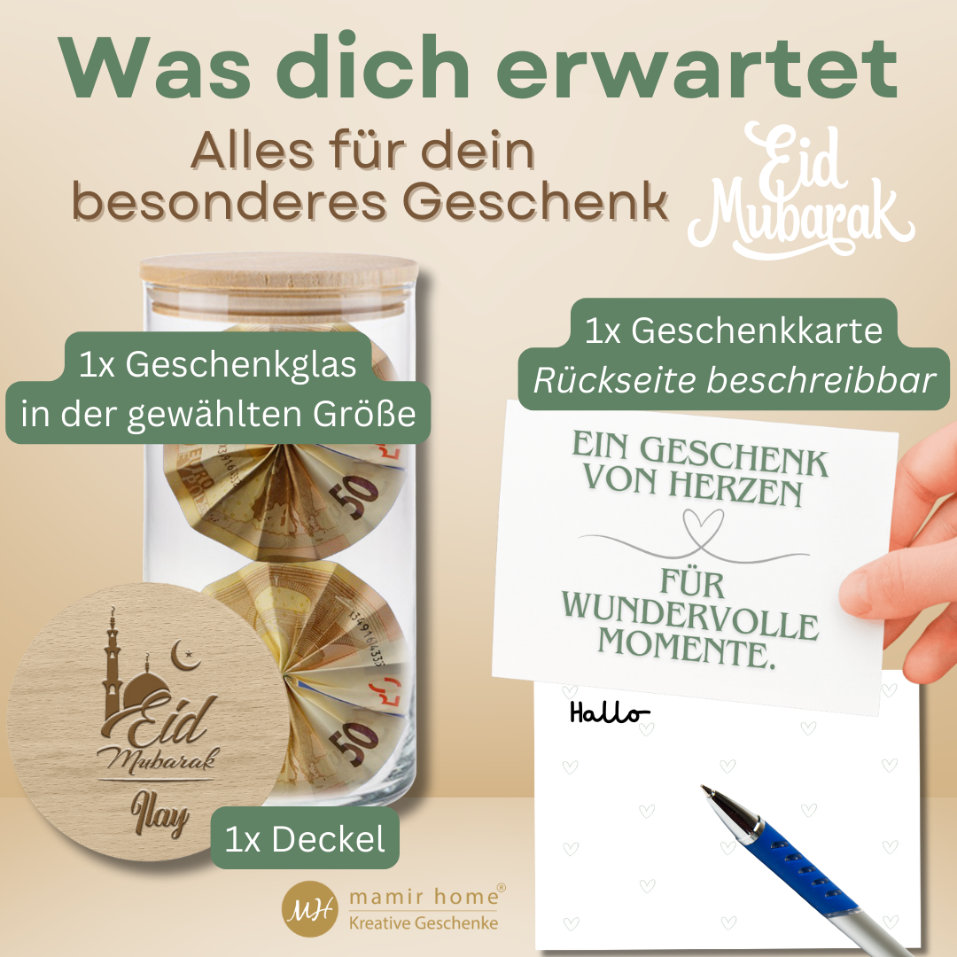Geschenkglas mit personalisiertem Eid Mubarak Deckel und Name