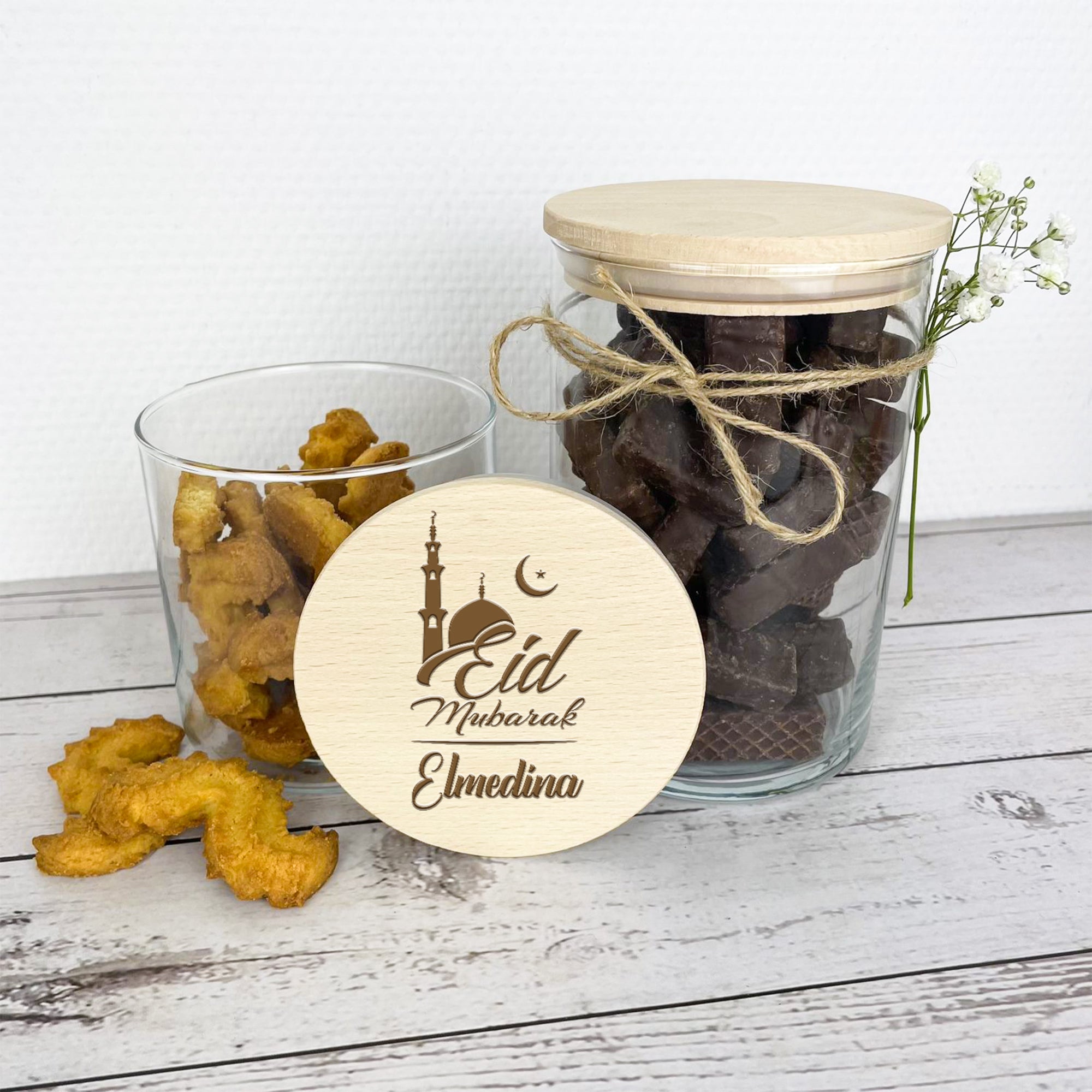 Geschenkglas mit personalisiertem Eid Mubarak Deckel und Name