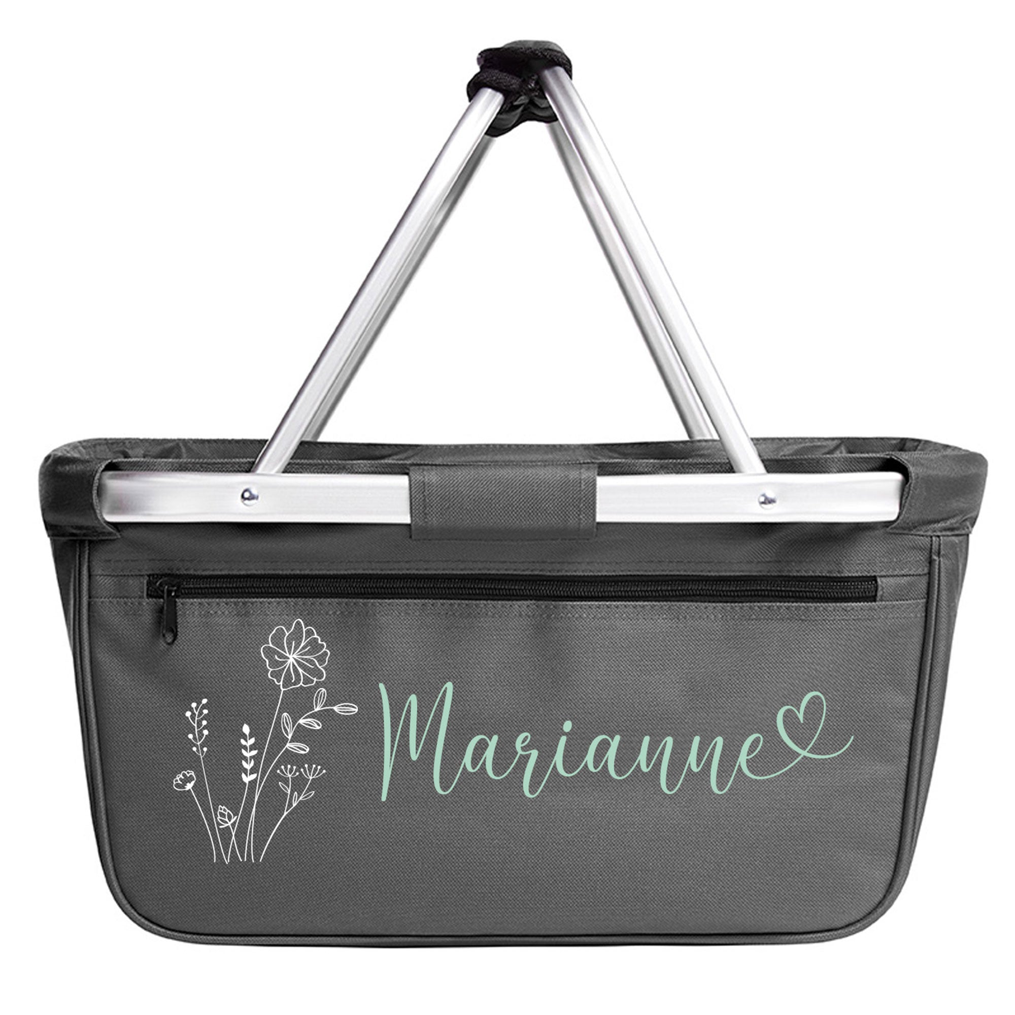 Einkaufskorb personalisiert mit Name Marianne und Blumenmotiv in Mintgrün auf weißem Hintergrund