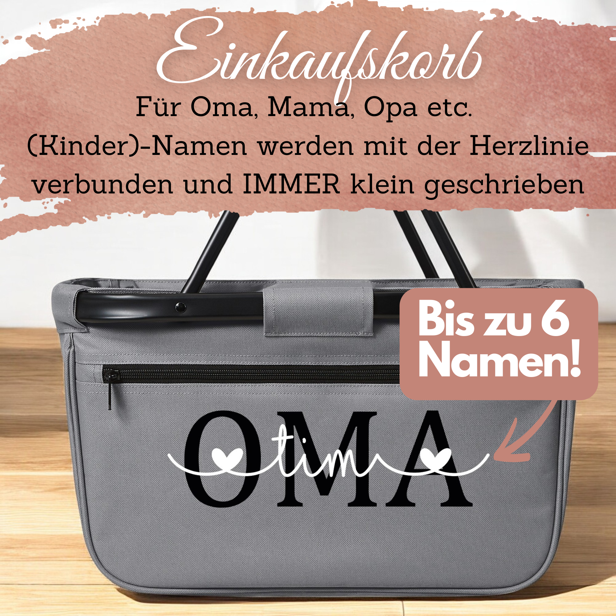 Hinweisbild: Einkaufskorb mit bis zu 6 Namen verbunden mit Herzlinie