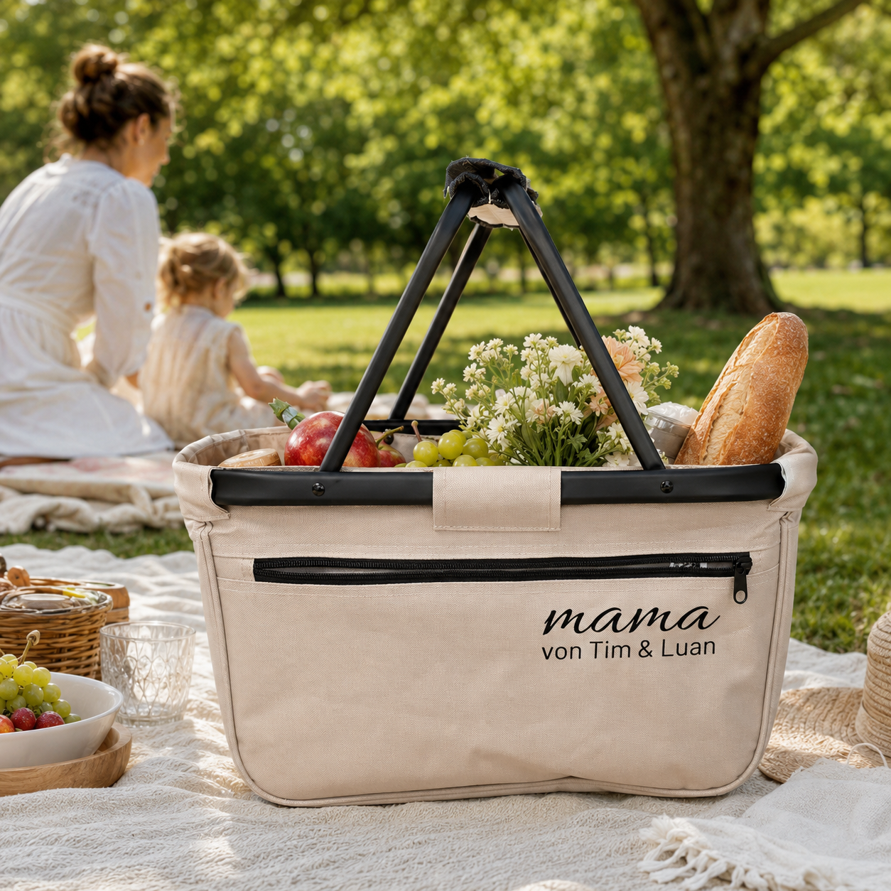 Personalisierter Einkaufskorb für Mama mit Kindernamen – Beige