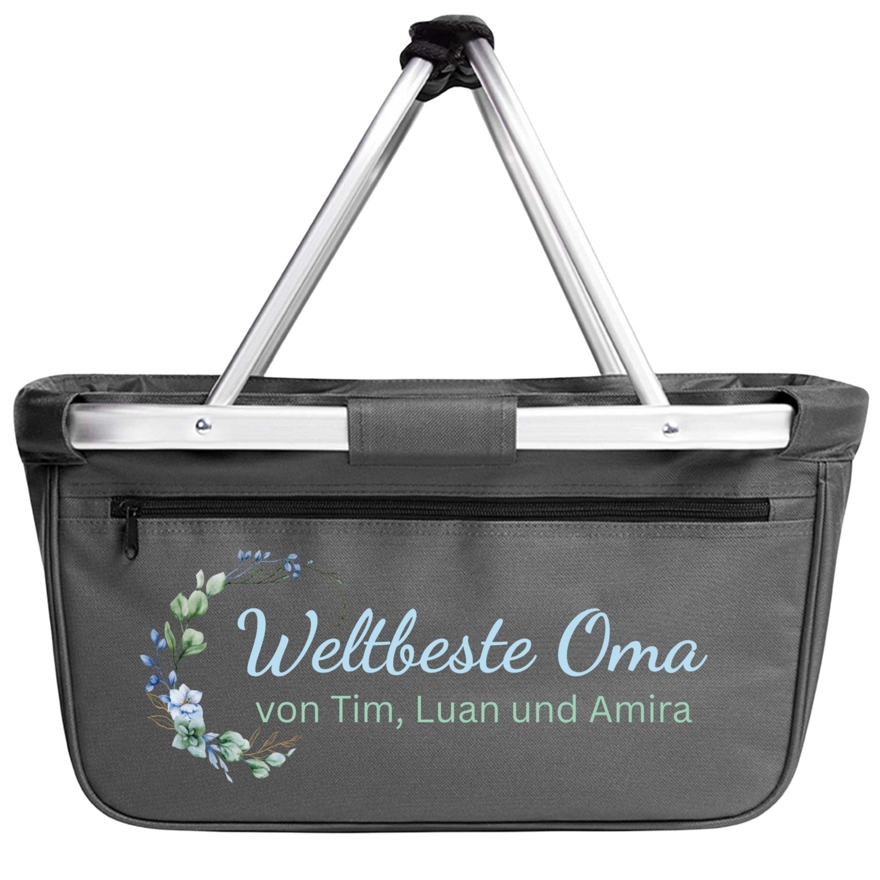 Personalisierter Einkaufskorb mit Blumendesign und Aufschrift „Weltbeste Oma von Tim, Luan und Amira“ als Geschenkidee