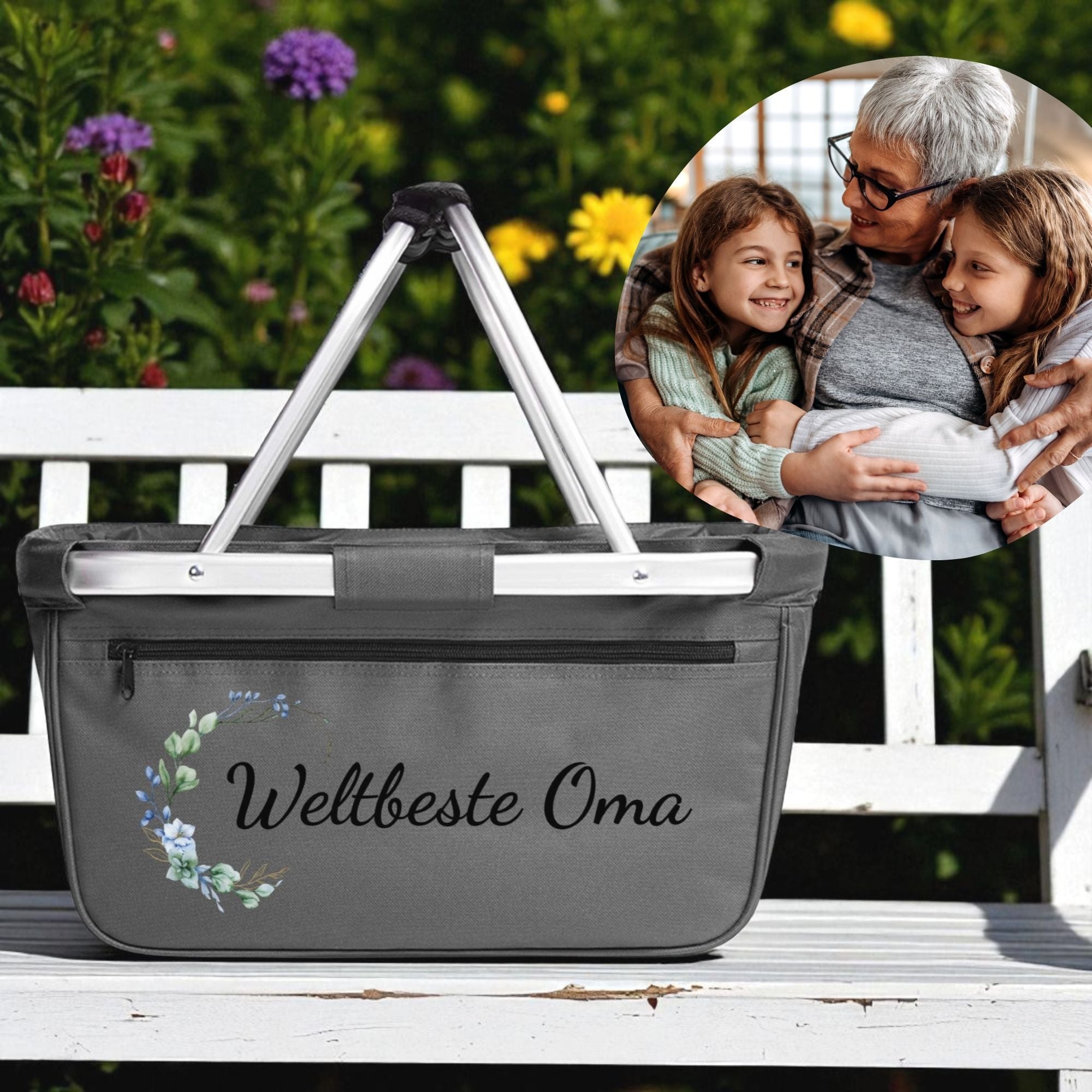 Einkaufskorb „Weltbeste Oma“ mit Blumendesign, daneben Oma umarmt lachend ihre Enkelkinder