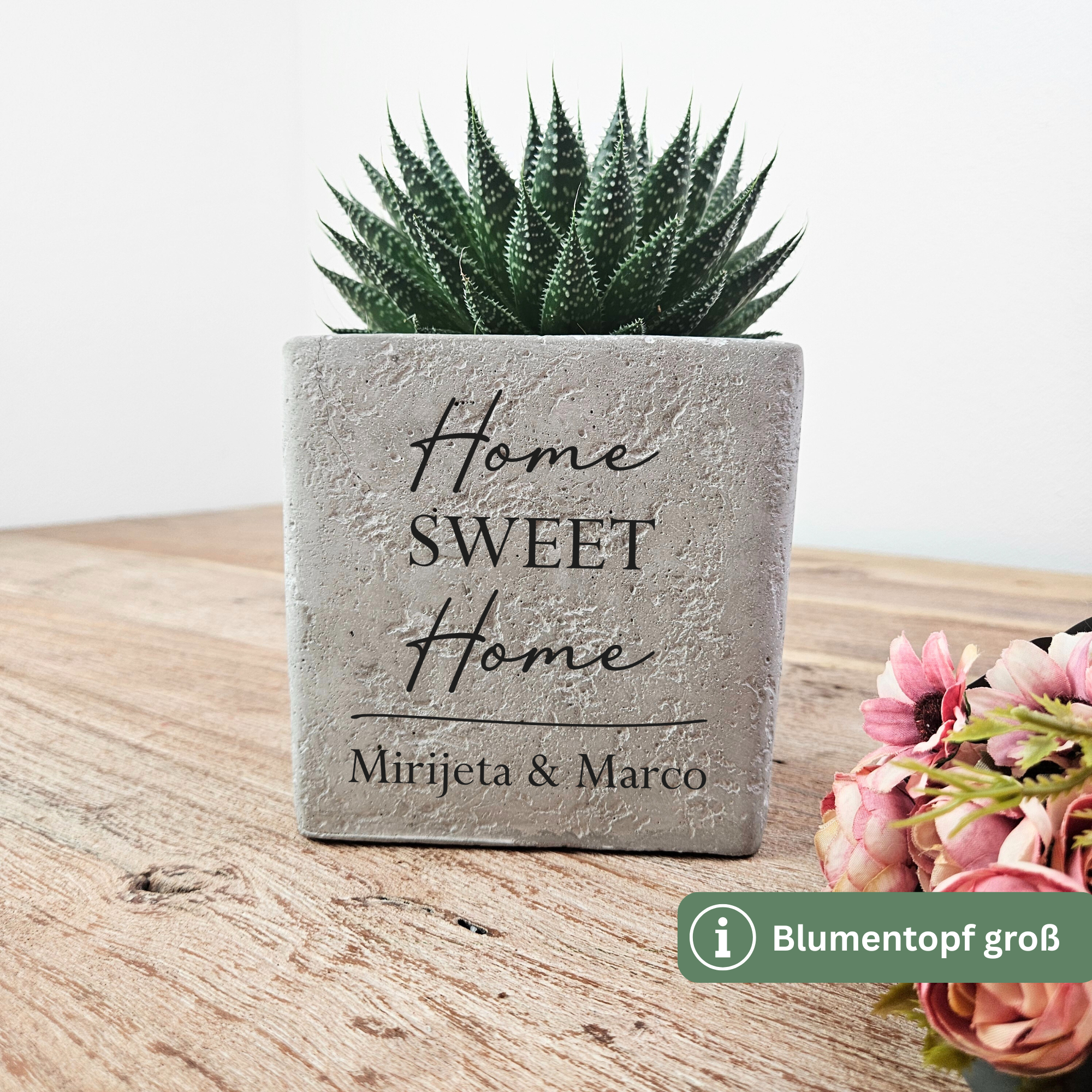 Modernes Home Sweet Home Einweihungsgeschenk als personalisierter Blumentopf für das neue Zuhause