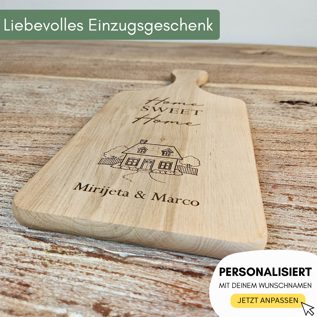 Liebevoll graviertes Holzbrett Home Sweet Home – personalisiertes Geschenk zum Einzug mit Namen