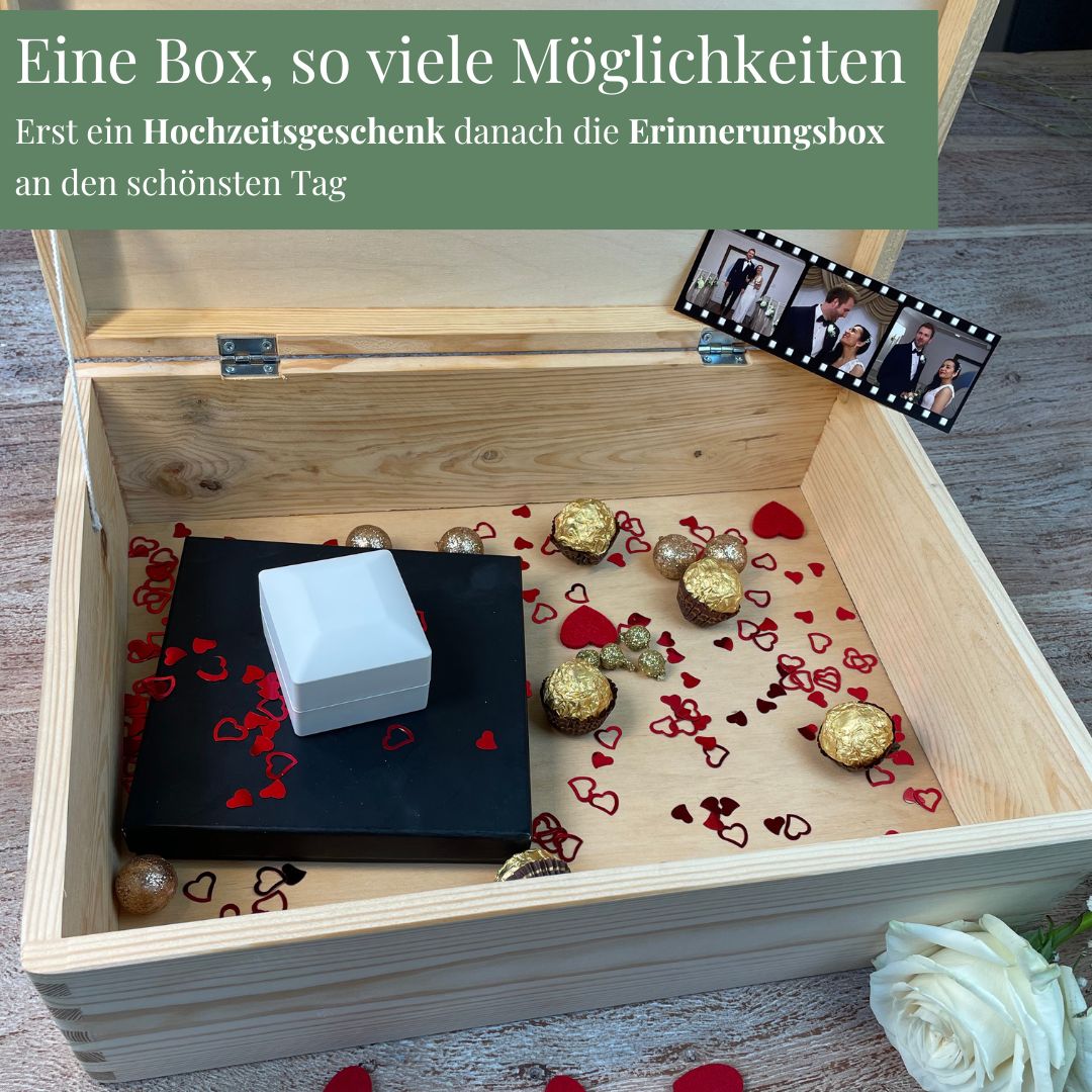 Geräumige Holz-Erinnerungsbox zur Hochzeit mit Platz für Fotos, Geschenke und besondere Erinnerungen.