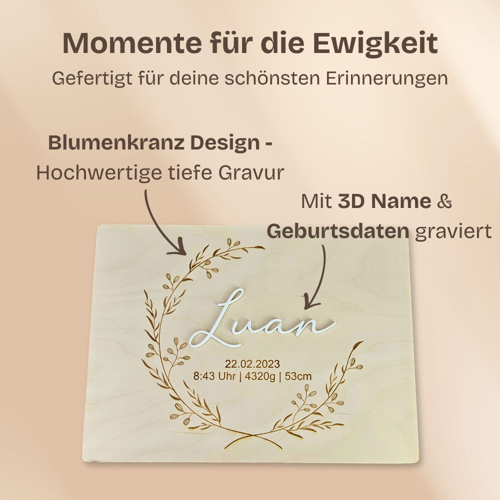 Erinnerungskiste Baby personalisiert mit 3D Namen – Holz Erinnerungsbox zur Geburt & Taufe – Geburtsgeschenk & Taufgeschenk