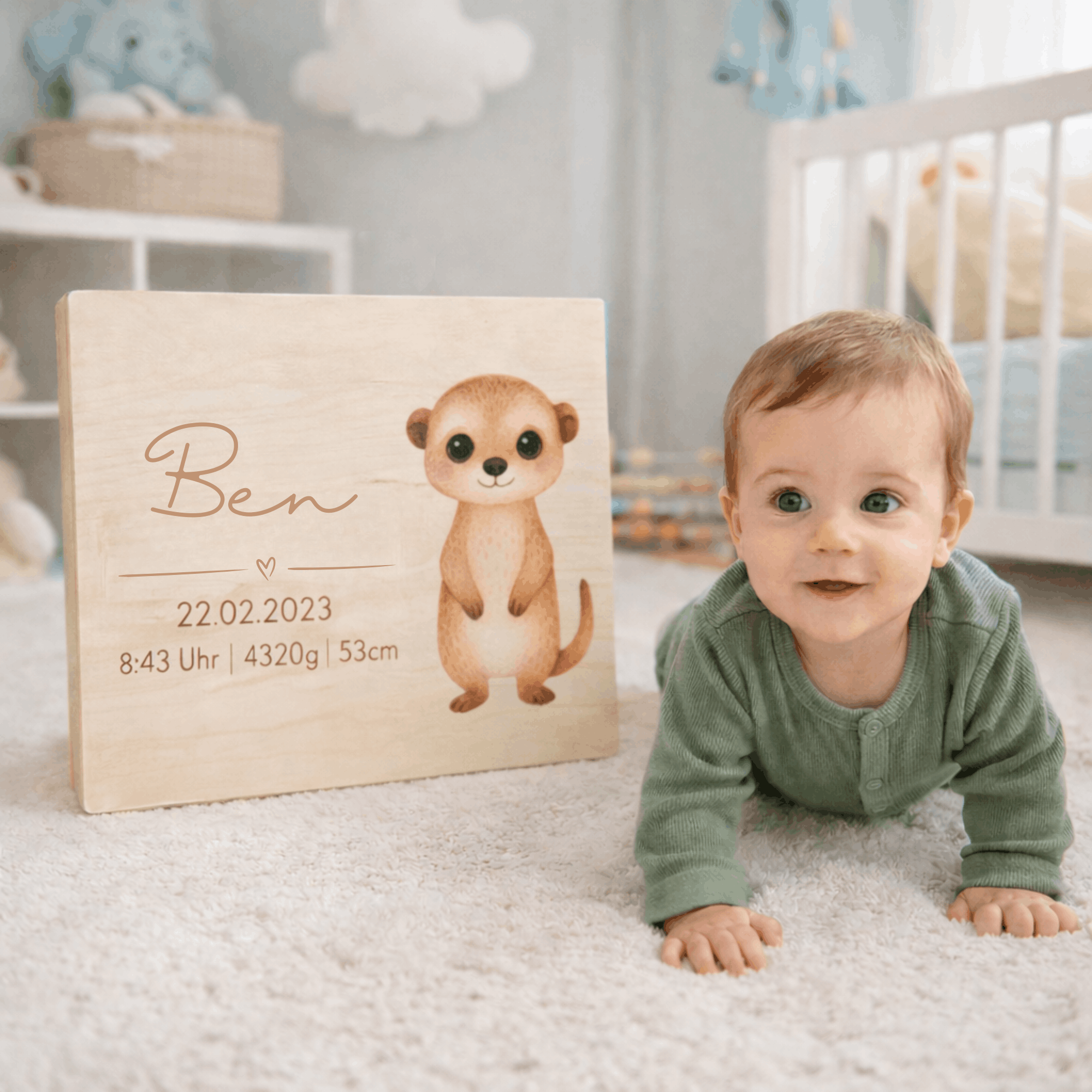 Personalisierte Erinnerungskiste Baby aus Holz – mit Tiermotiv & Geburtsdaten