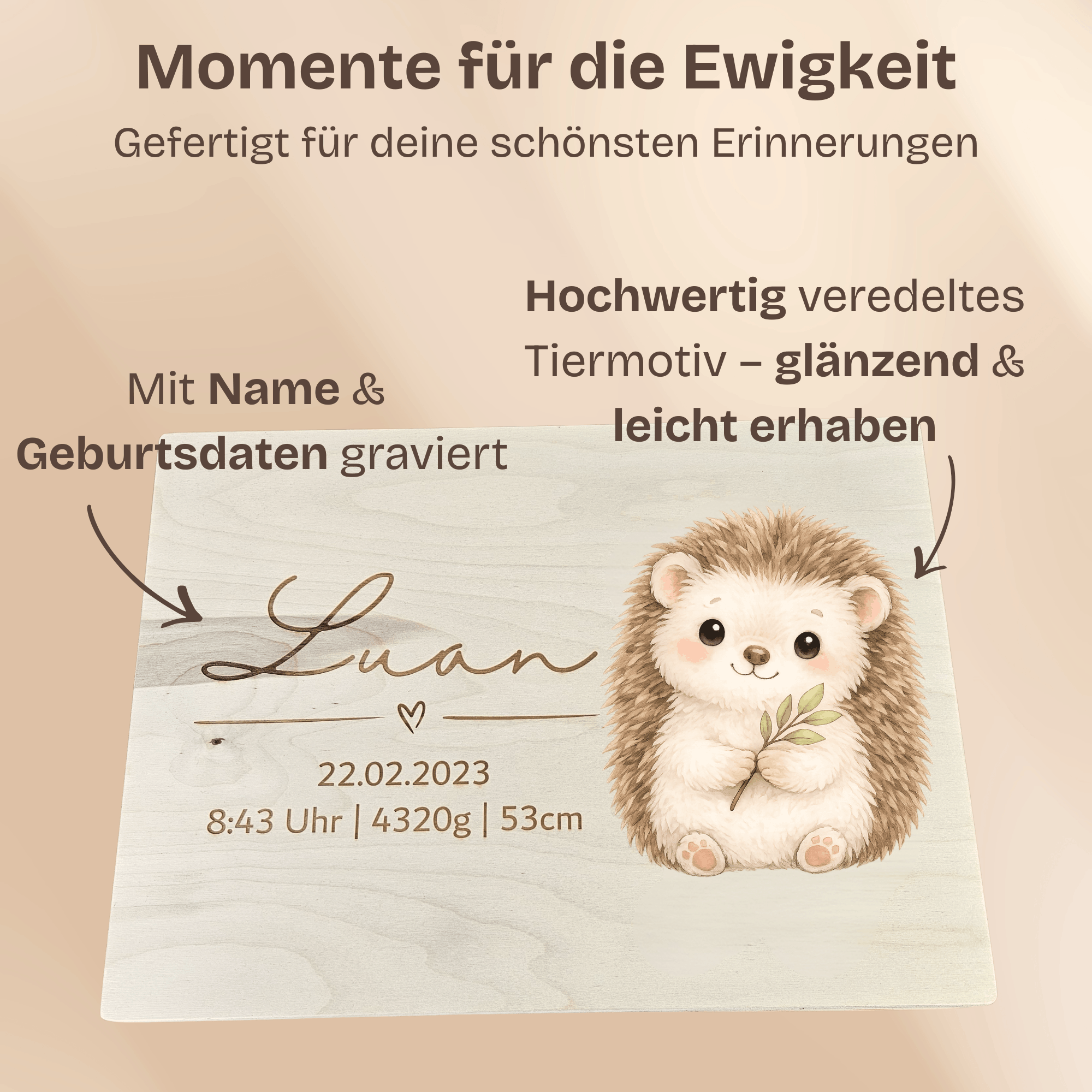 Personalisierte Erinnerungskiste Baby aus Holz – mit Tiermotiv & Geburtsdaten