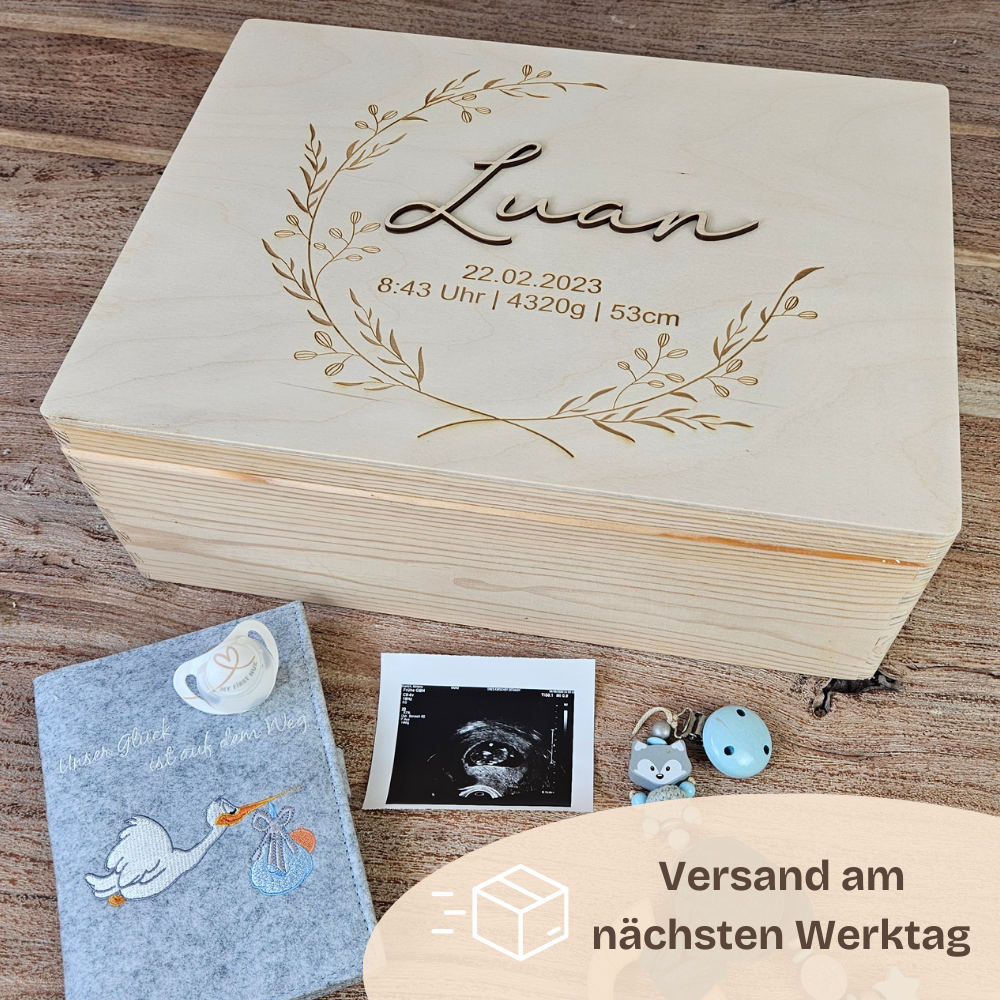 Erinnerungskiste Baby personalisiert mit 3D Namen – Holz Erinnerungsbox zur Geburt & Taufe – Geburtsgeschenk & Taufgeschenk