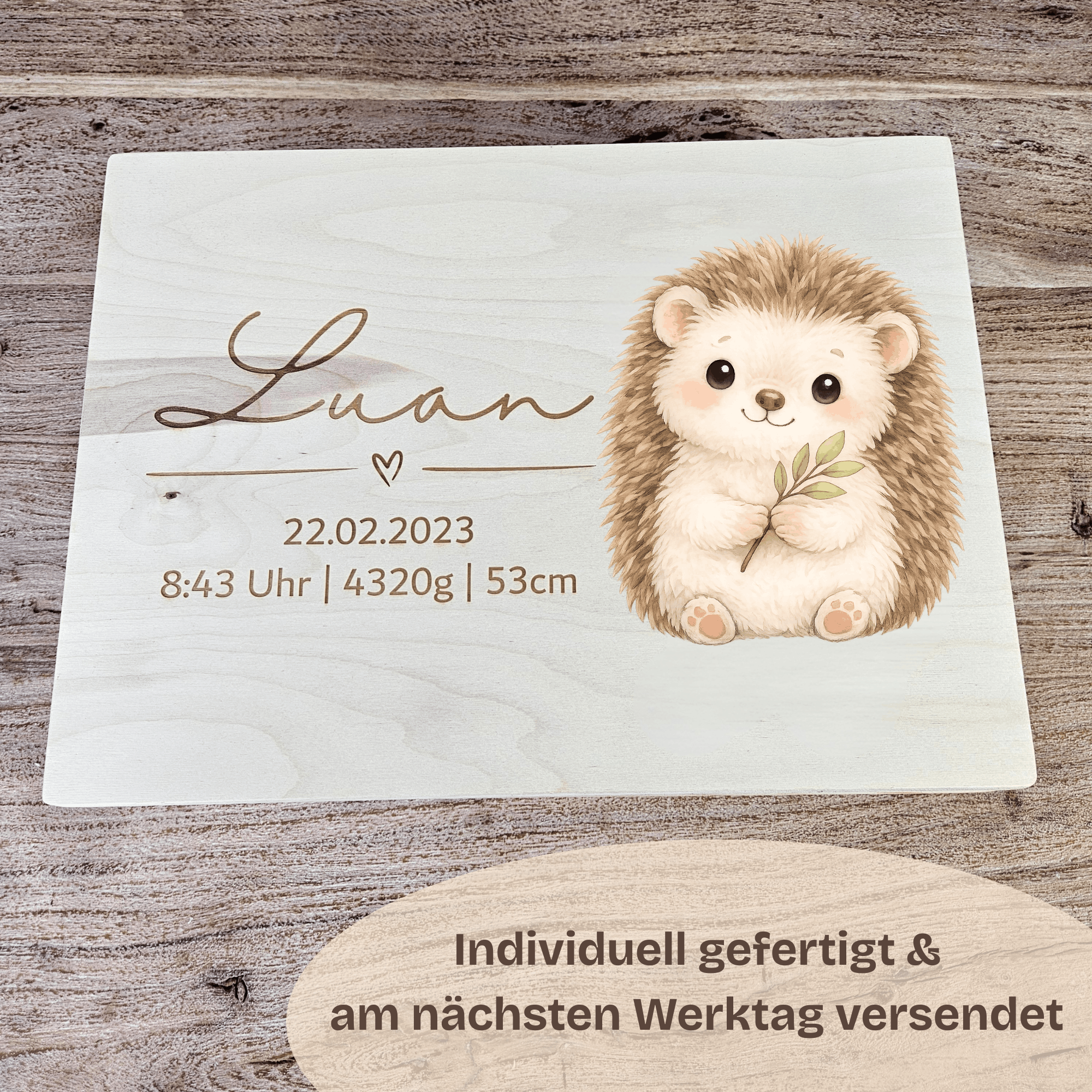Personalisierte Erinnerungskiste Baby aus Holz – mit Tiermotiv & Geburtsdaten