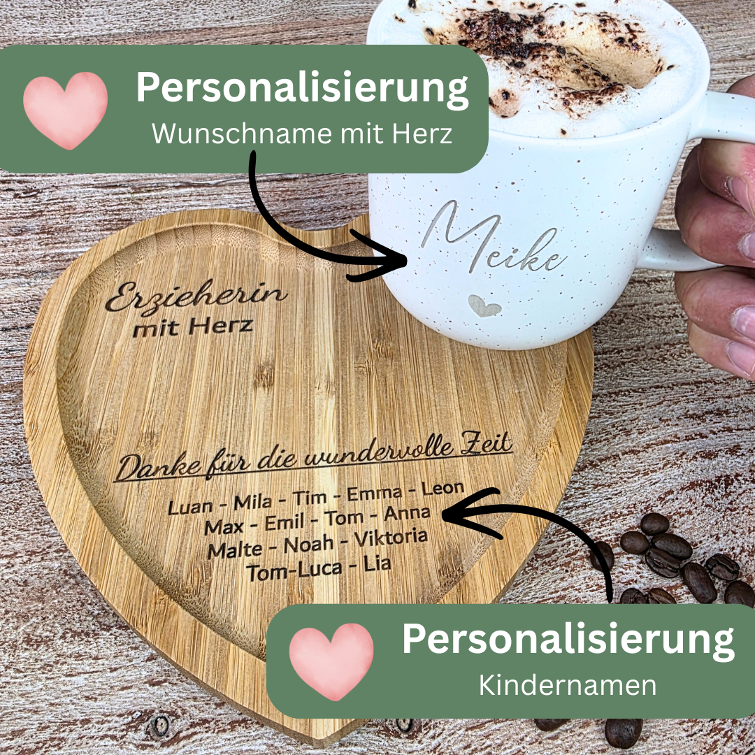 Abschiedsgeschenk Erzieherin mit Kindernamen – Personalisierte Tasse & Herz-Tablett | Geschenk Erzieherin Abschied