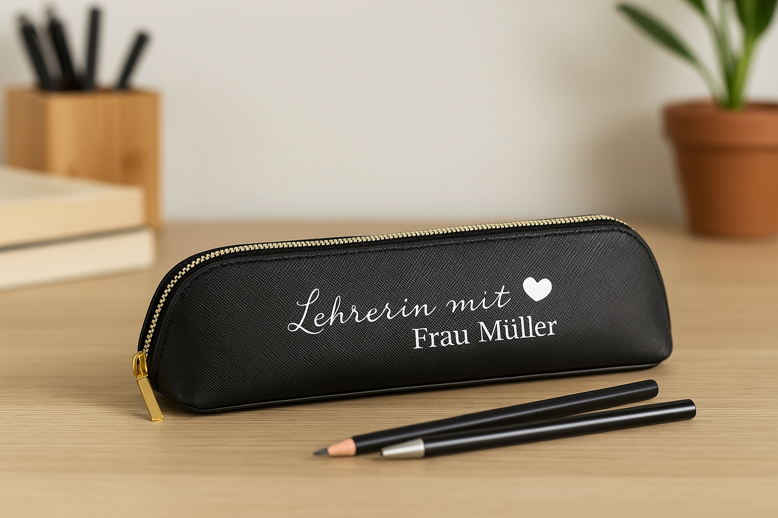 Personalisierte Federmappe „Lehrerin mit Herz“ mit Namen auf einem Schreibtisch – Geschenkidee zum Schulabschied