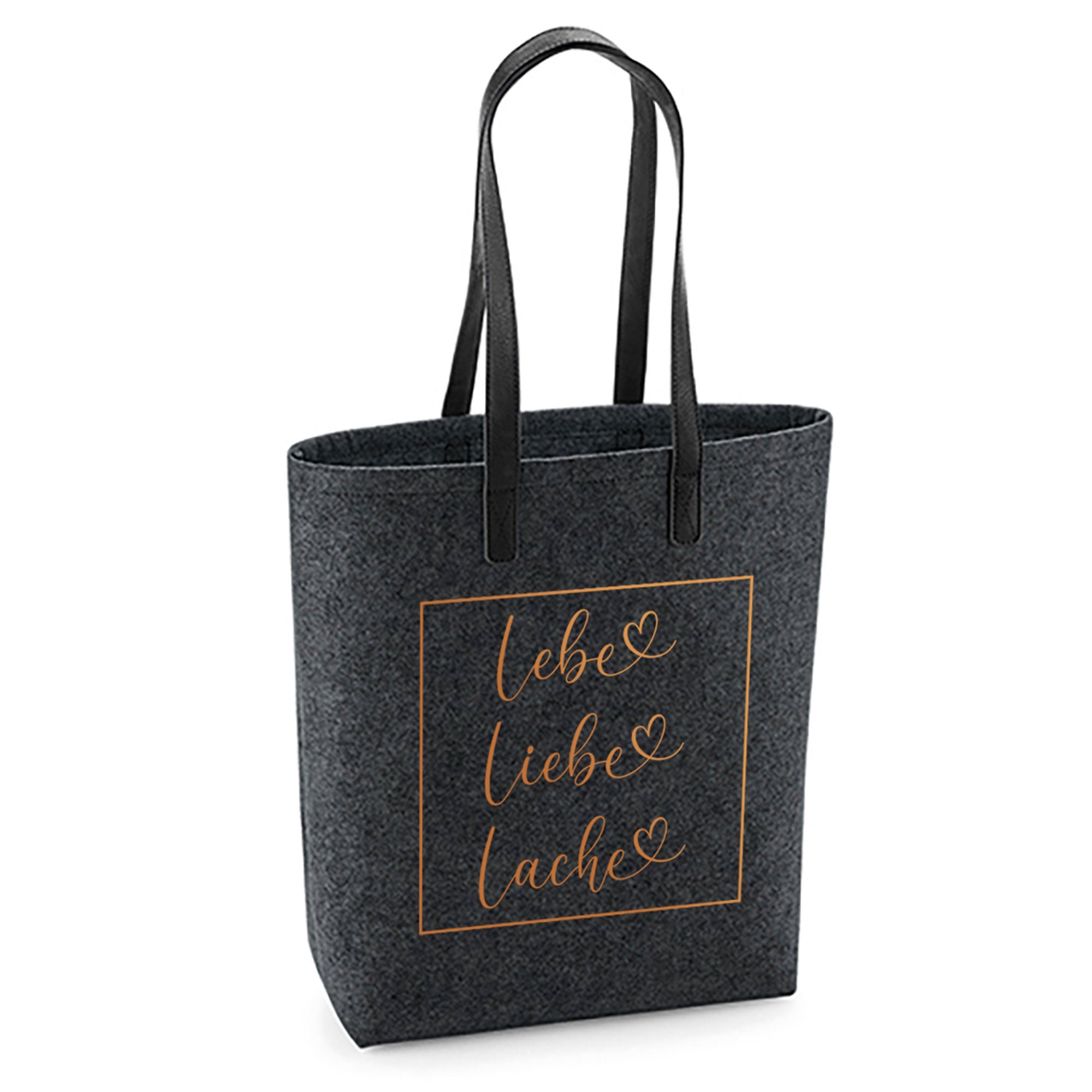 Filztasche Lebe Liebe Lache mit rosegoldenem Aufdruck – hochwertiges Lebe Liebe Lache Geschenk