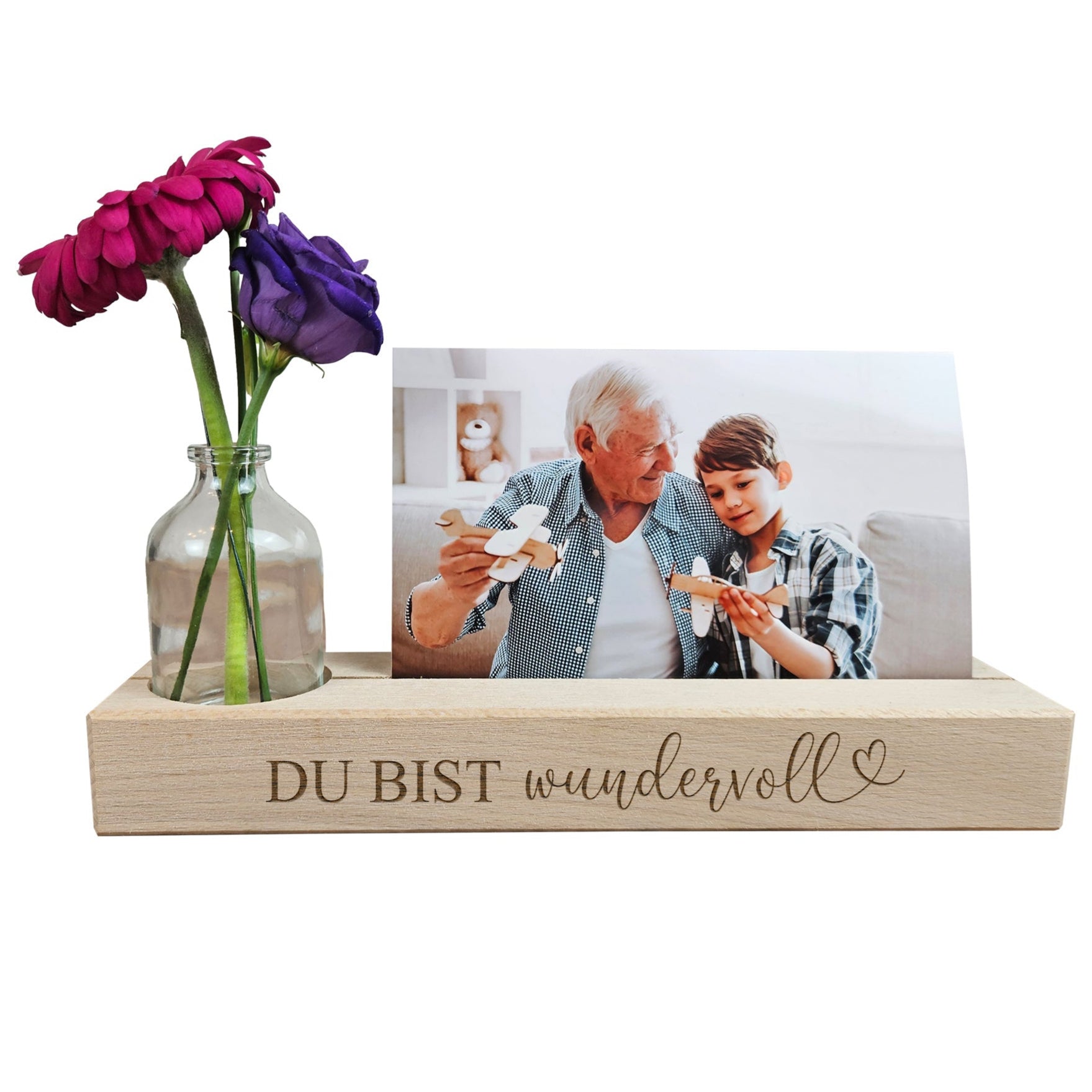 Holz-Fotoständer mit Vase – liebevolles Geschenk für besondere Menschen