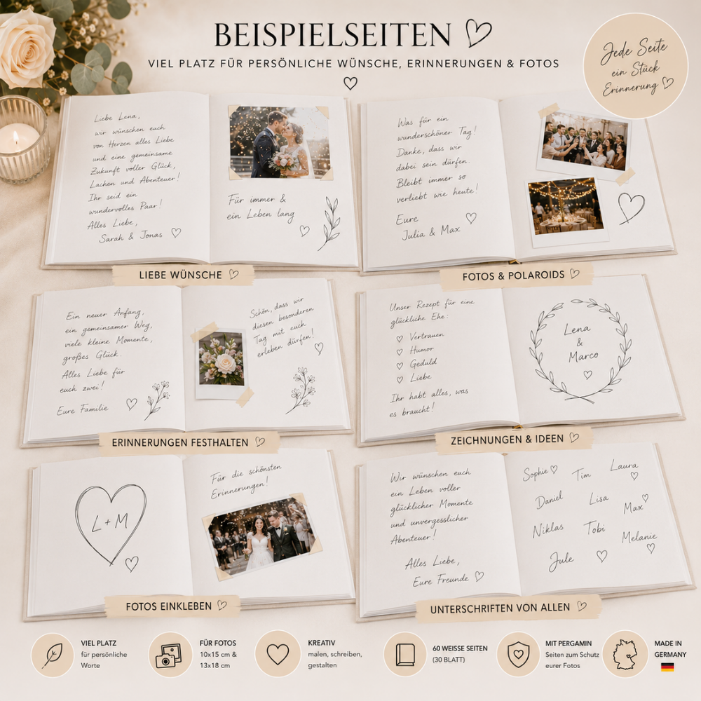 Personalisiertes Fotoalbum Hochzeit mit Platz für Fotos, Polaroids, Glückwünsche und Erinnerungen an den schönsten Tag.