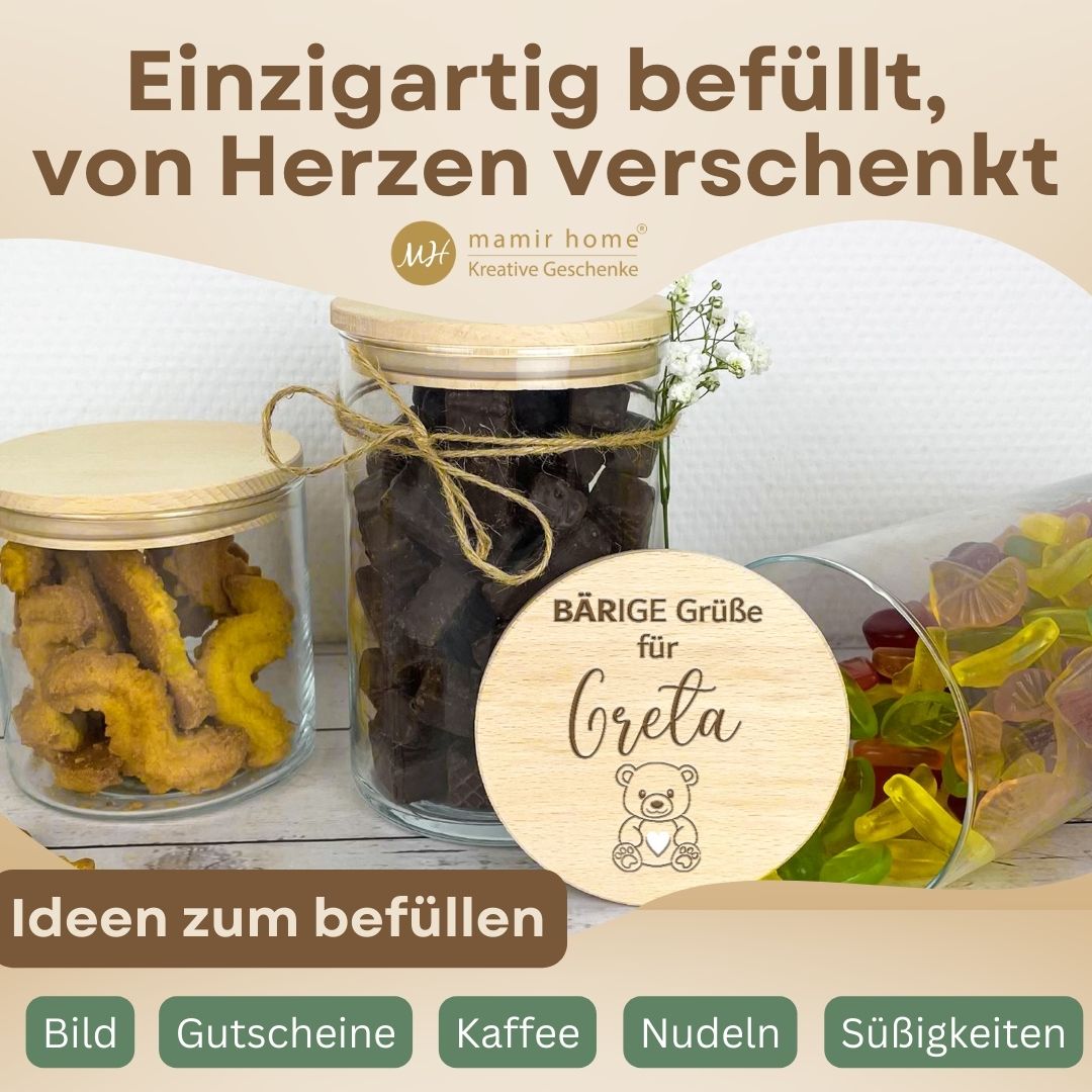 Geschenkglas mit Gravur 'BÄRIGE Grüße' und Herzsymbol – ideal für Freundschaftsgeschenke mit Süßigkeiten.