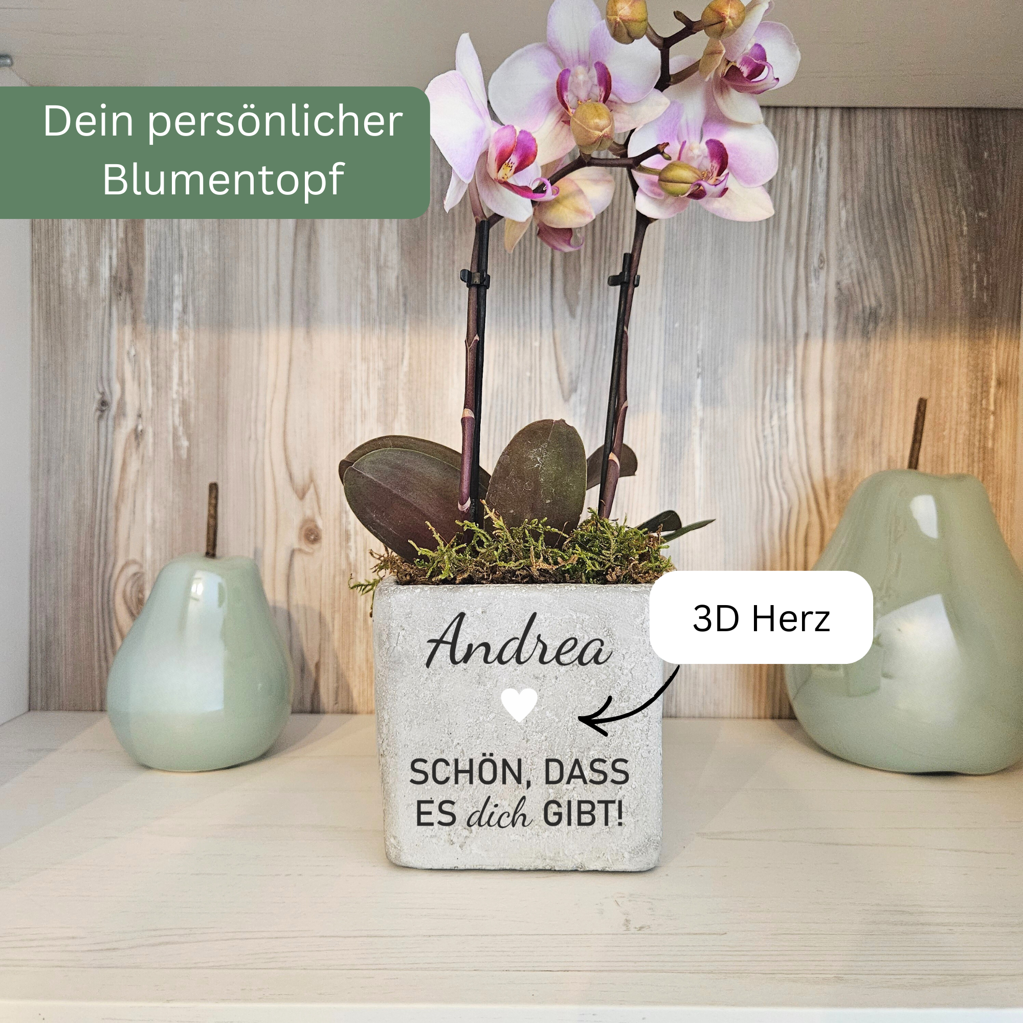 Freundschaftsgeschenk personalisiert mit Namen – Blumentopf aus Beton mit 3D Herz – Danke, dass es dich gibt – Geschenk für Freundin