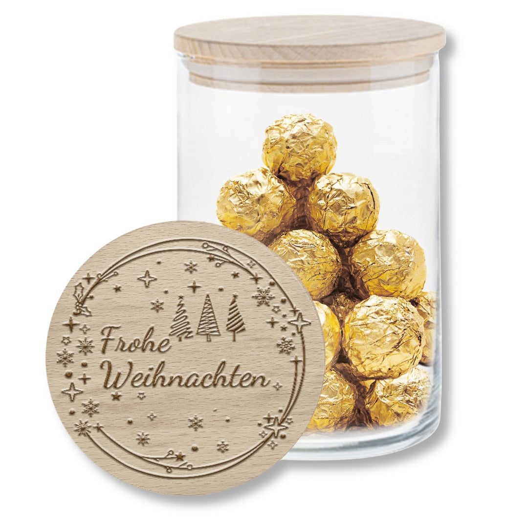 Glas mit Deckel und Gravur „Frohe Weihnachten“, verziert mit Sternen und Tannenbäumen – Geschenk zu Weihnachten