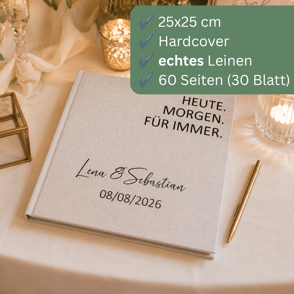 Gästebuch aus Leinen im Format 25 × 25 cm mit Hardcover, 60 weißen Seiten und hochwertiger Verarbeitung.