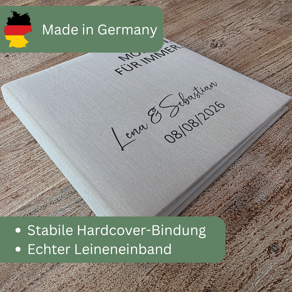 Personalisiertes Gästebuch Hochzeit im quadratischen Format 25 × 25 cm mit Platz für Fotos und persönliche Botschaften.