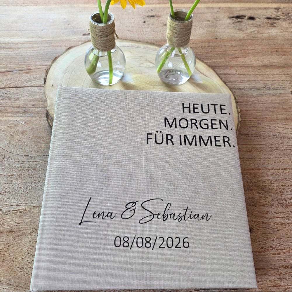 Hochwertiges Hardcover Gästebuch Hochzeit aus echtem Leinen mit modernem zeitlosem Design und langlebiger Buchbindung.