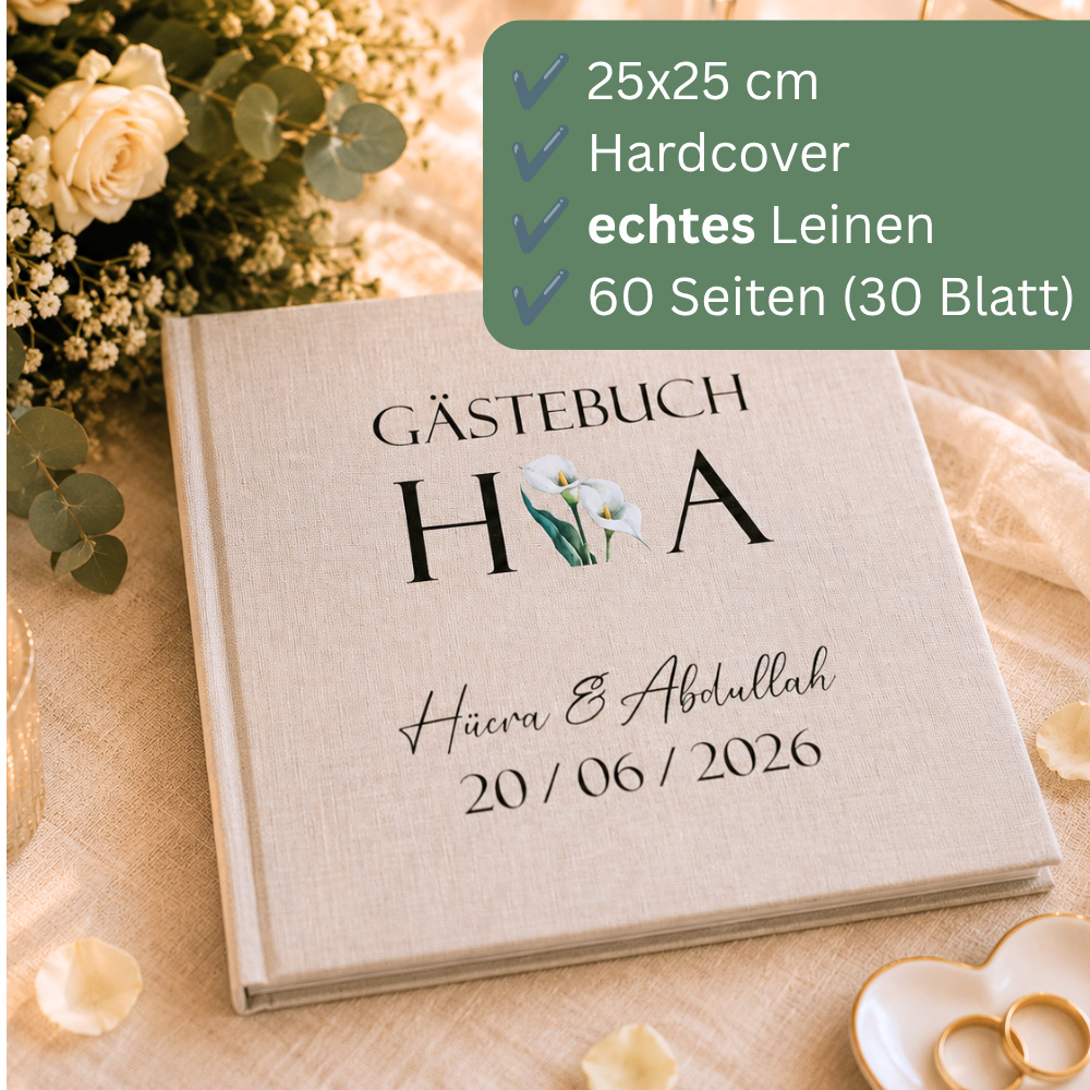 Offenes Gästebuch Hochzeit zum Ausfüllen mit hochwertigem weißem Papier für persönliche Glückwünsche und Erinnerungen.