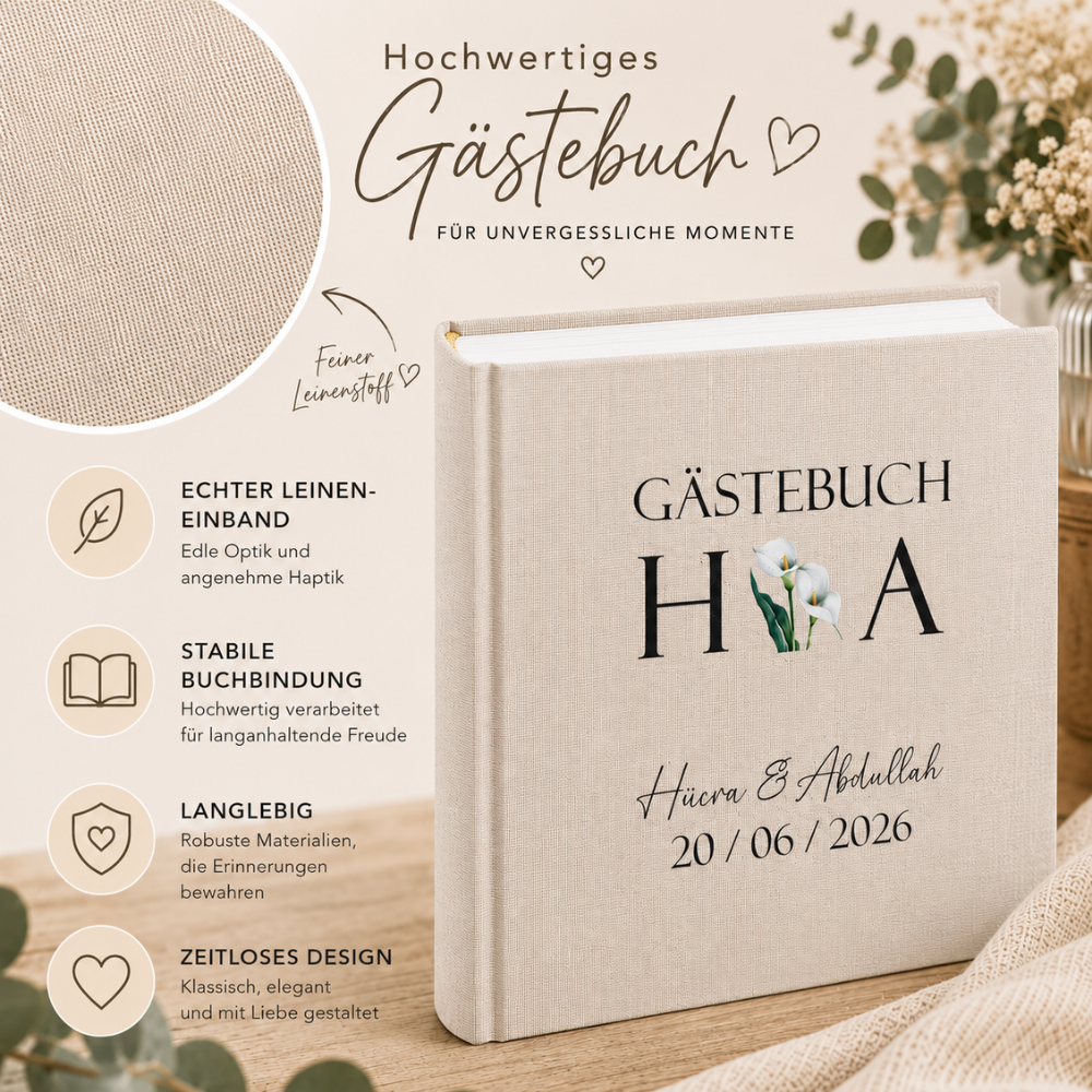 Personalisiertes Gästebuch mit individuellen Initialen, Namen des Brautpaares und Hochzeitsdatum.