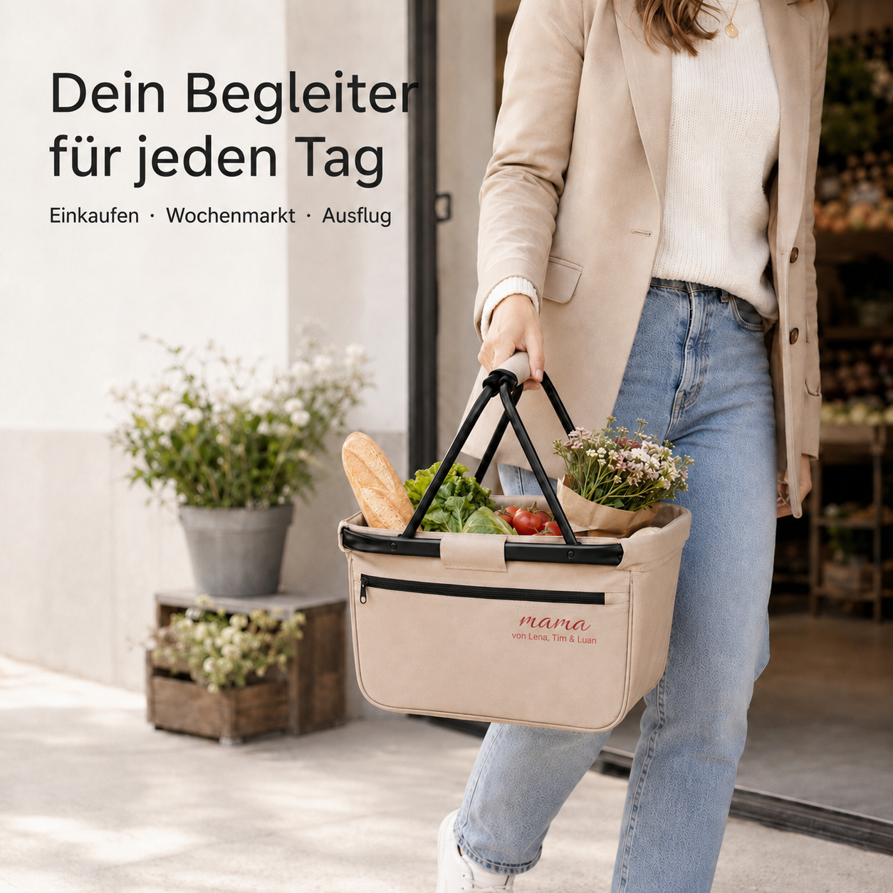 Personalisierter Einkaufskorb für Mama mit Kindernamen – Beige