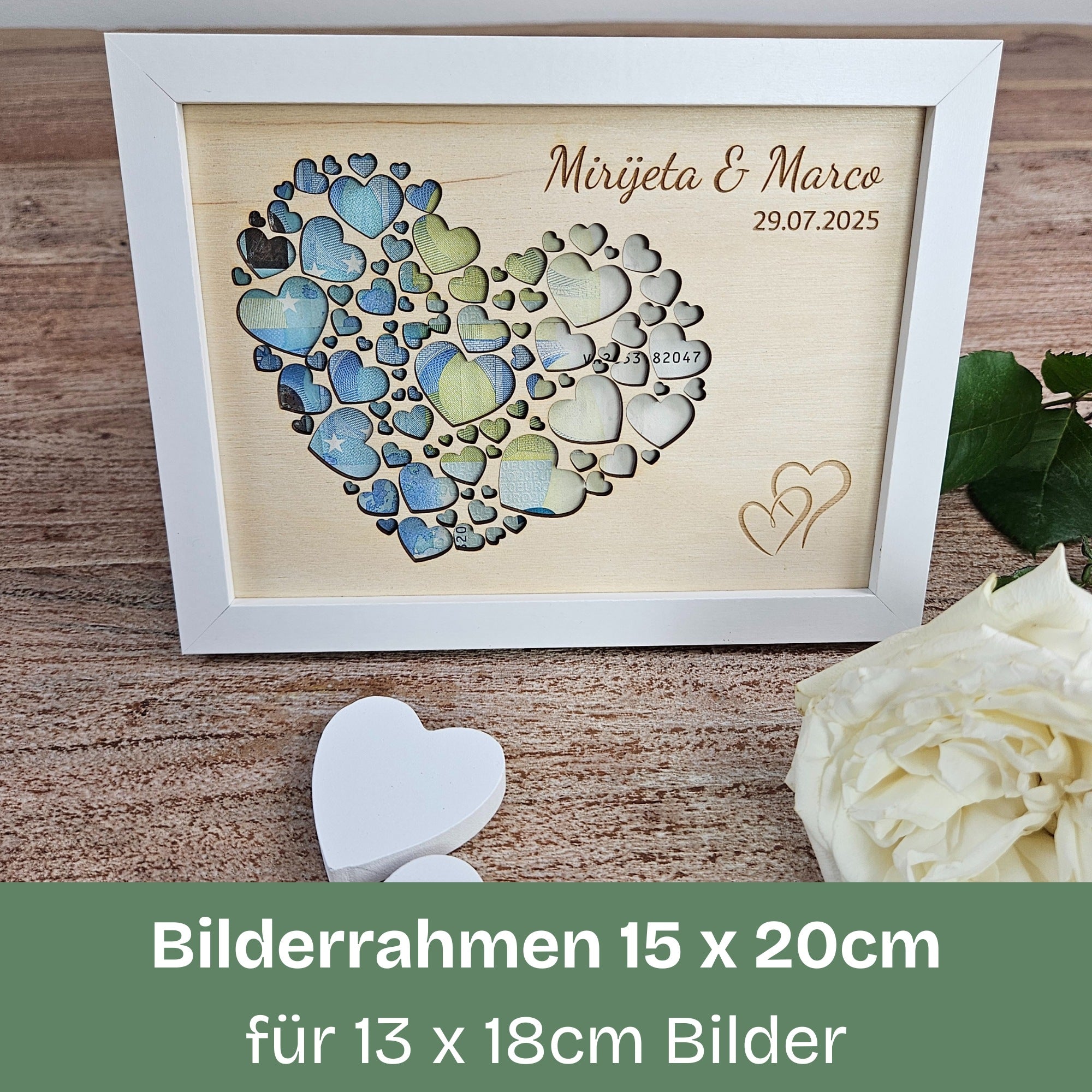 Personalisierter Hochzeitsrahmen aus Holz in Größe 15x20 cm – ideales Geldgeschenk mit Herzmotiv